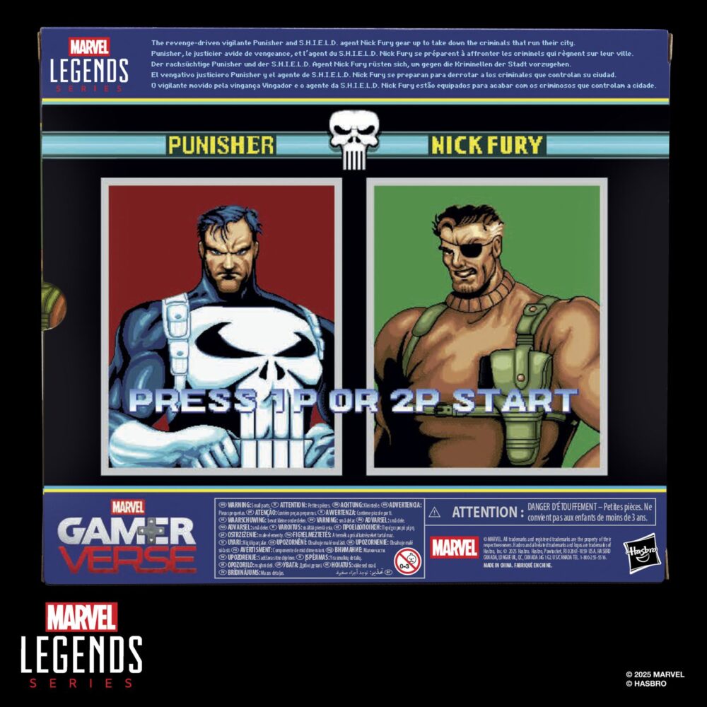 Punisher y nick fury the punisher gamerverse marvel legends series. Hasbro suma a la colección marvel legends series este pack de dos figuras articuladas de punisher y nick fury, tal y como aparecen en el clásico videojuego "the punisher". Cada figura mide aproximadamente 15 cm y está fabricada en abs de alta calidad, con múltiples puntos de articulación para recrear poses dinámicas. Incluye: 1x cabeza alternativa de punisher y 4x manos intercambiables para cada uno de los personajes, 1x bate, 1x maletín con dinero, 1x granada, 6x armas de fuego variadas y 1 x efecto de explosión. Se presenta en una caja ilustrada de edición especial. Unidades limitadas.