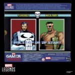 PUNISHER Y NICK FURY THE PUNISHER GAMERVERSE MARVEL LEGENDS SERIES. Hasbro suma a la colección Marvel Legends Series este pack de dos figuras articuladas de Punisher y Nick Fury, tal y como aparecen en el clásico videojuego "The Punisher". Cada figura mide aproximadamente 15 cm y está fabricada en ABS de alta calidad, con múltiples puntos de articulación para recrear poses dinámicas. Incluye: 1x cabeza alternativa de Punisher y 4x manos intercambiables para cada uno de los personajes, 1x bate, 1x maletín con dinero, 1x granada, 6x armas de fuego variadas y 1 x efecto de explosión. Se presenta en una caja ilustrada de edición especial. UNIDADES LIMITADAS.