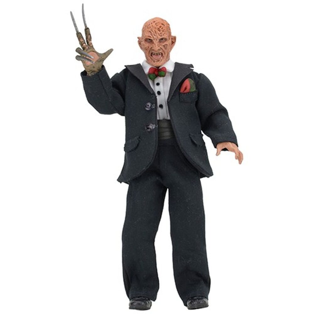 Freddy tuxedo nightmare in elm street 3 re-run. Neca vuelve a presentar a freddy krueger con esmoquin inspirado en la película "a nightmare on elm street 3: dream warriors" ("pesadilla en elm street 3: los guerreros del sueño" en españa). Esta figura vestida mide 20 cm y lleva un traje de tela con pajarita a rayas rojas y verdes. Incluye 1x réplica de la casa nº 1428 de elm street con luz led. Se entrega en una caja con ventana apta para coleccionistas.