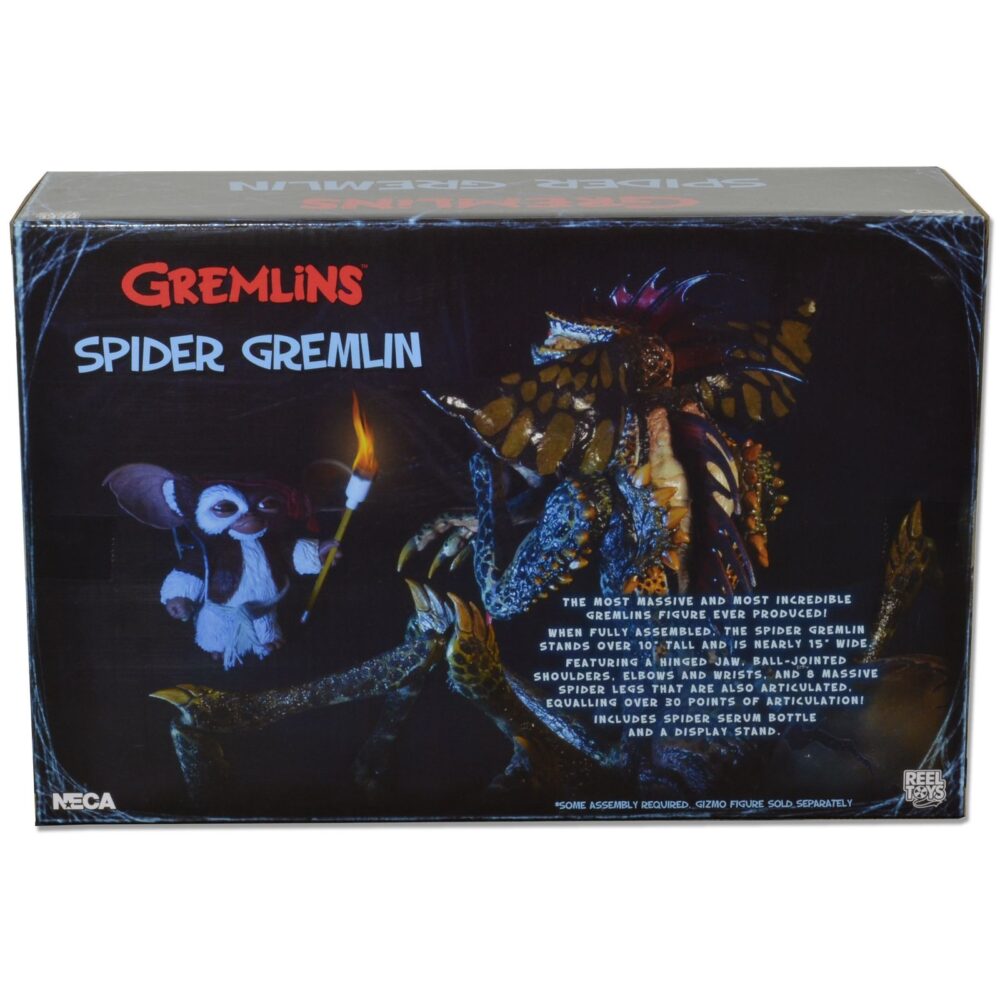 Spider gremlin deluxe gremlins 2: the new batch. Neca suma de nuevo a su colección la figura deluxe del spider gremlin que aparece en la película "gremlins 2: the new batch" ("gremlins 2: la nueva generación" en españa). Presenta más de 30 puntos de articulación, incluyendo las 8x patas de araña y la mandíbula. Totalmente ensamblada alcanza más de 25 cm de alto, casi 38 cm de ancho y más de 30 cm de profundidad. Incluye un soporte para exhibición. Se presenta en una caja de lujo con ventana.