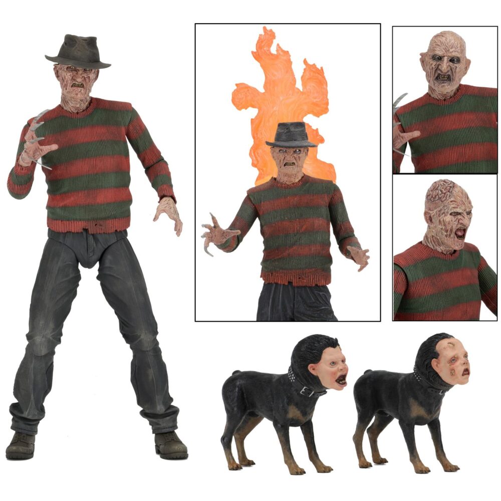 Ultimate freddy krueger a nightmore on elm street part 2. Neca vuelve a añadir a su línea ultimate la figura de freddy krueger basada en la película "a nightmare on elm street part 2: freddy's revenge" ("pesadilla en elm street 2: la venganza de freddy" en españa). Mide 18 cm e incluye 3x cabezas intercambiables, 2x perros demoníacos, 1x mano enguantada, 1x mano afilada, 1x sombrero extraíble y 1x efecto de fuego magnético. Se presenta en una caja con ventana y solapa frontal.