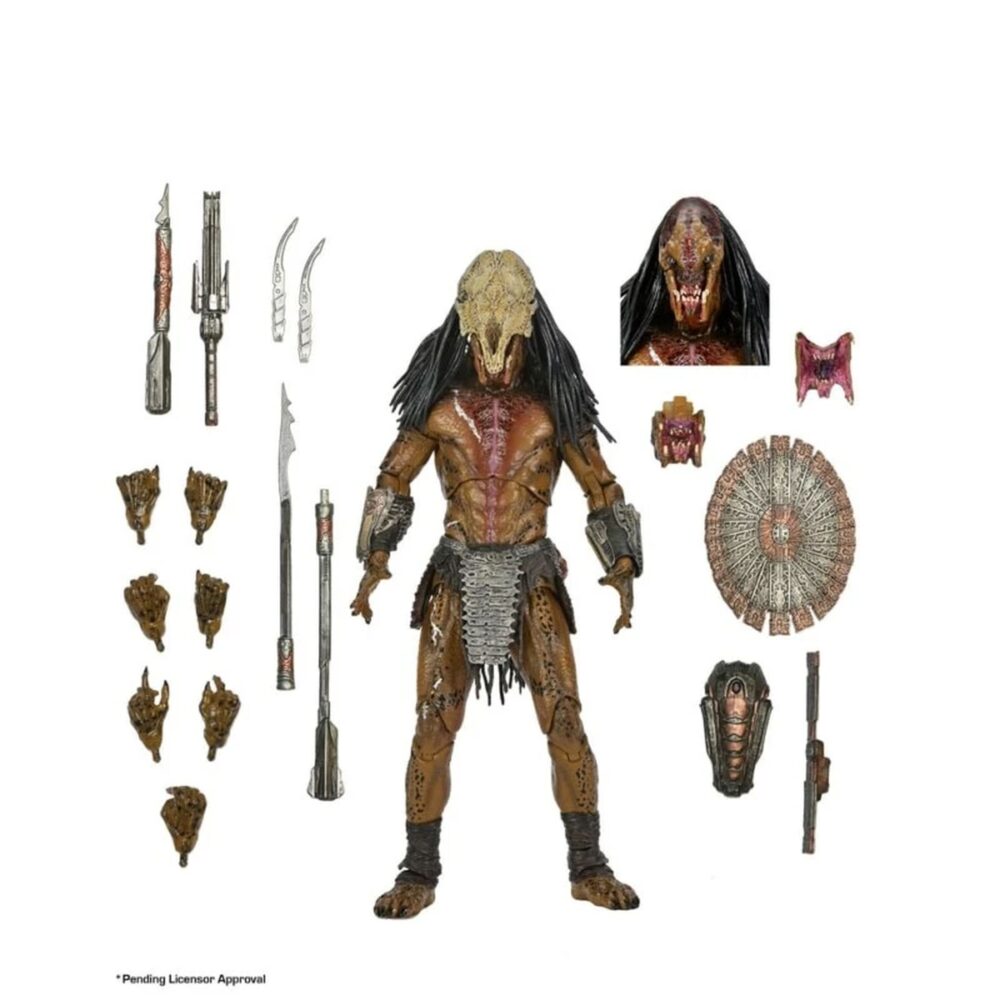 Ultimate feral predator prey. Neca vuelve a presentar la figura ultimate del predator que aparece en la película "prey", ambientada hace 300 años. Este depredador alienígena altamente evolucionado mide más de 20 cm de alto y reproduce con precisión su aspecto en la película. Incluye 1x máscara, 1x arpón, 2x lanzas (cerrada y desplegada), 2x escudos (abierto y plegado), 2x mandíbulas, armas adicionales y 7x manos intercambiables. Se entrega en una caja con solapa frontal apta para exhibición.