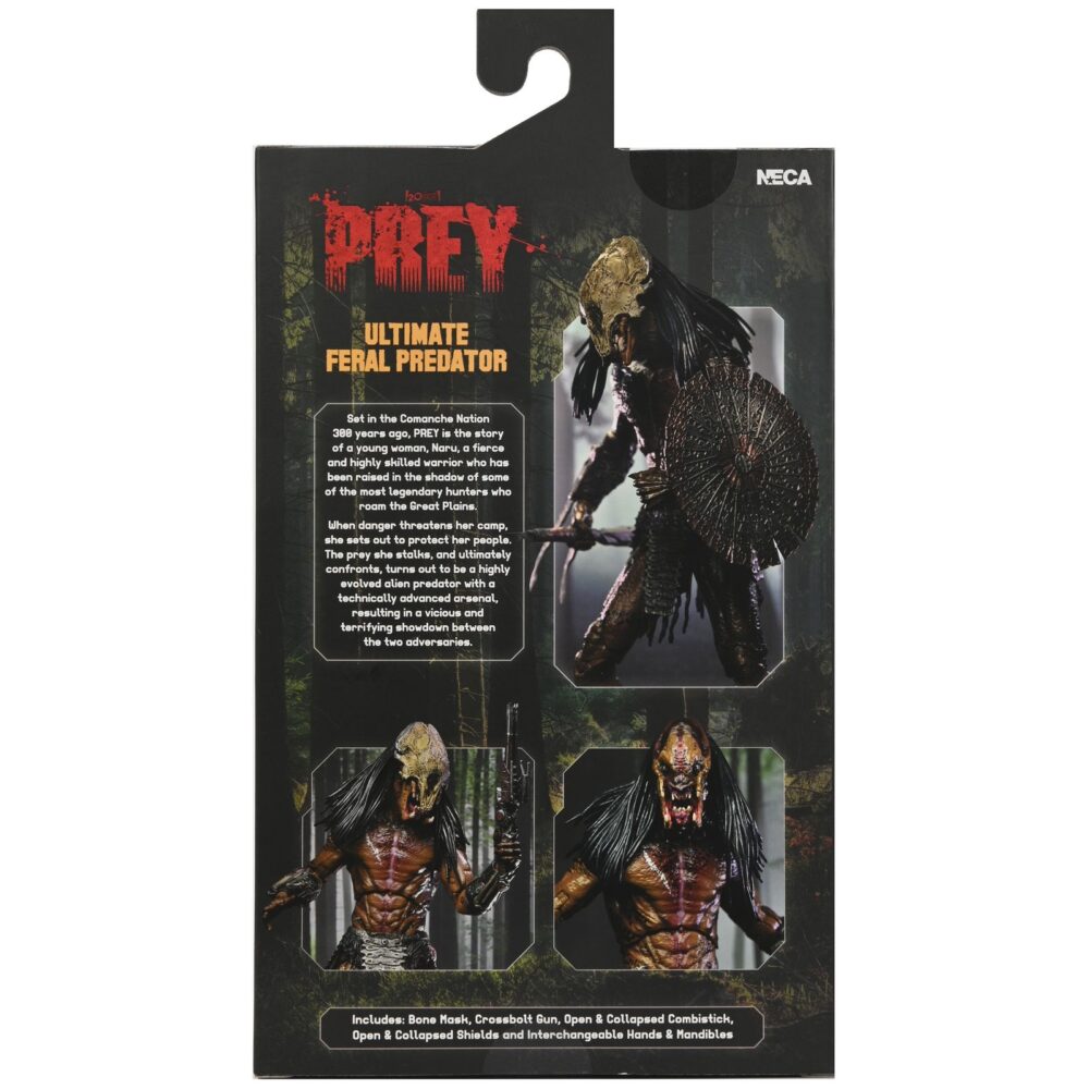 Ultimate feral predator prey. Neca vuelve a presentar la figura ultimate del predator que aparece en la película "prey", ambientada hace 300 años. Este depredador alienígena altamente evolucionado mide más de 20 cm de alto y reproduce con precisión su aspecto en la película. Incluye 1x máscara, 1x arpón, 2x lanzas (cerrada y desplegada), 2x escudos (abierto y plegado), 2x mandíbulas, armas adicionales y 7x manos intercambiables. Se entrega en una caja con solapa frontal apta para exhibición.