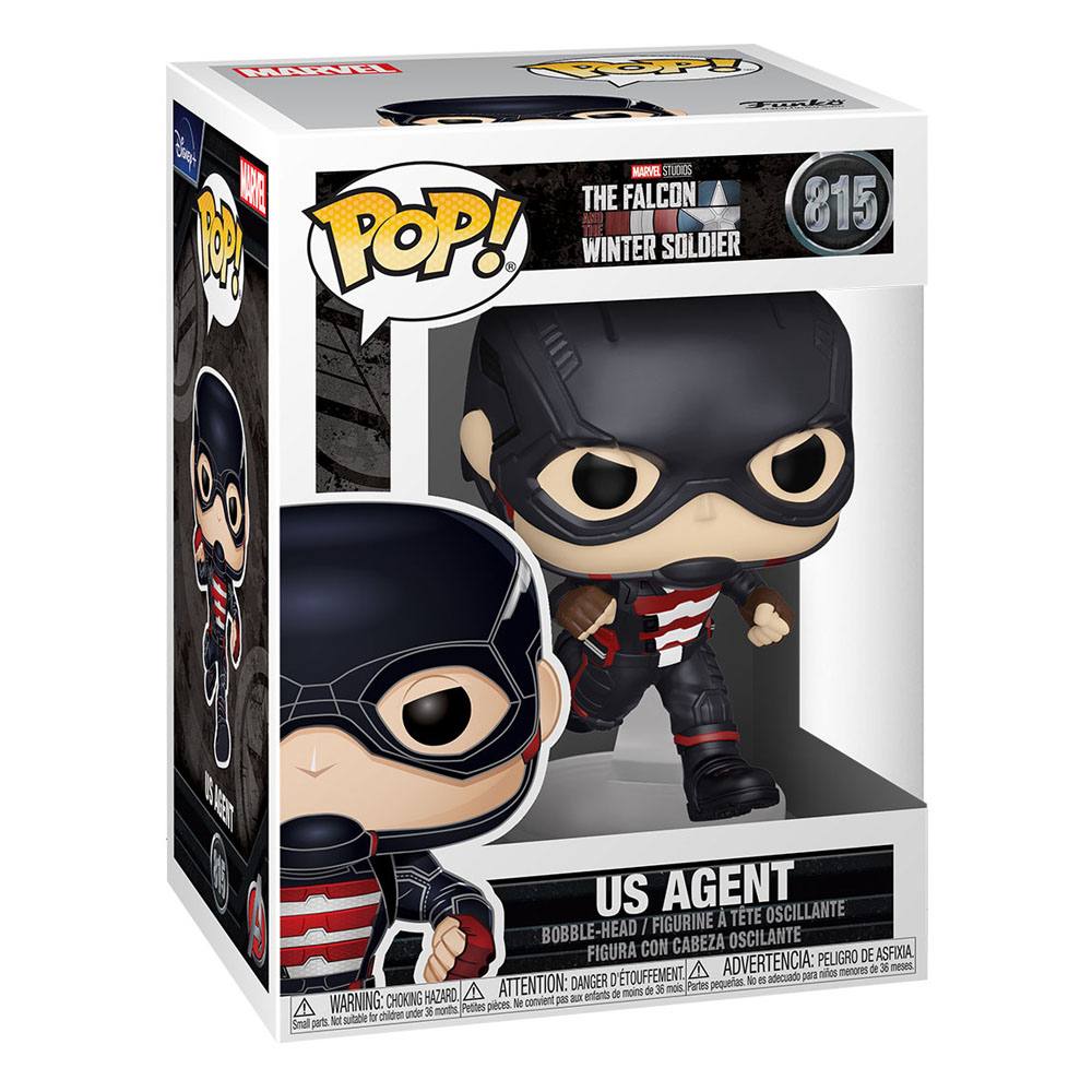 Captian america variant the falcon and the winter soldier funko pop. Figura de vinilo de la línea 'pop! ', tamaño aprox. 9 cm. Us agent es un superhéroe ficticio creado por la franquicia de marvel para falcon y el soldado de invierno. Este funko de 9cm de tamaño representa a us agente con su vestimenta habitual de color negro, casco y parte del pecho de color blanco y rojo.
