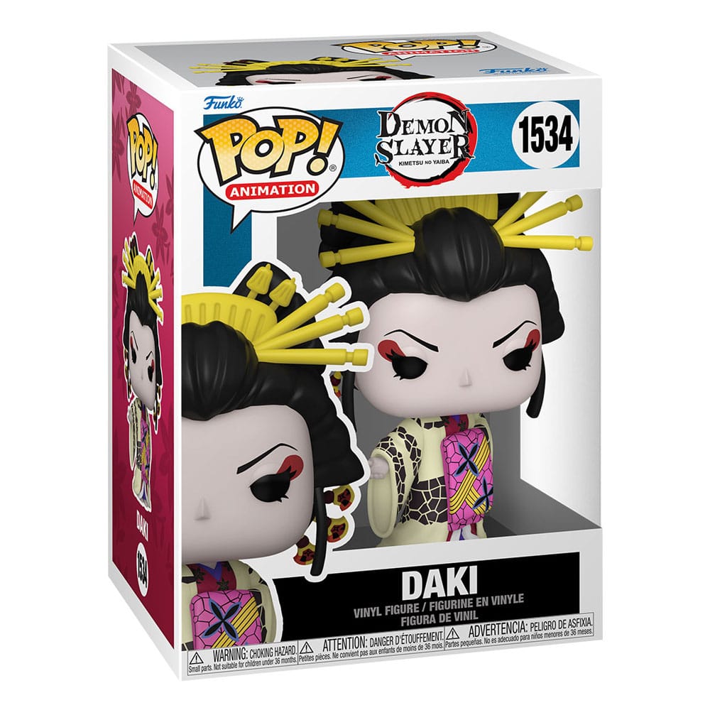DAKI DEMON SLAYER: KIMETSU NO YAIBA ANIMATION FUNKO POP. Figura de vinilo de la línea 'POP!', tamaño aprox. 9 cm. Esta intrépida guerrera, vestida con su haori y kimono blancos, parece lista para aceptar cualquier desafío. Mantenla en tu colección para mantenerla fuera de problemas. Amplía tu conjunto de Demon Slayer y expande tu colección de Pop! Anime con esta figura. La figura de vinilo tiene una altura aproximada de 12.4 cm y está meticulosamente diseñada para capturar la esencia de Daki. Con su determinación y su aura de misterio, esta figura Pop! es una adición esencial para cualquier fan de Demon Slayer. Daki muestra su habilidad y preparación para enfrentar cualquier desafío, lo que la convierte en un personaje fascinante para tener en tu colección. Ya sea que la exhibas en tu estantería o la uses para recrear escenas emocionantes del anime, Pop! Daki seguramente se destacará como una pieza central de tu colección. No pierdas la oportunidad de unirte a Daki en su lucha contra los demonios y expandir tu colección con esta figura impresionante. Con su diseño detallado y su presencia imponente, Pop! Daki se convertirá en un tesoro valioso en tu colección de figuras de Demon Slayer. ¡Asegúrate de añadirla hoy y prepararte para la emocionante aventura de los cazadores de demonios!