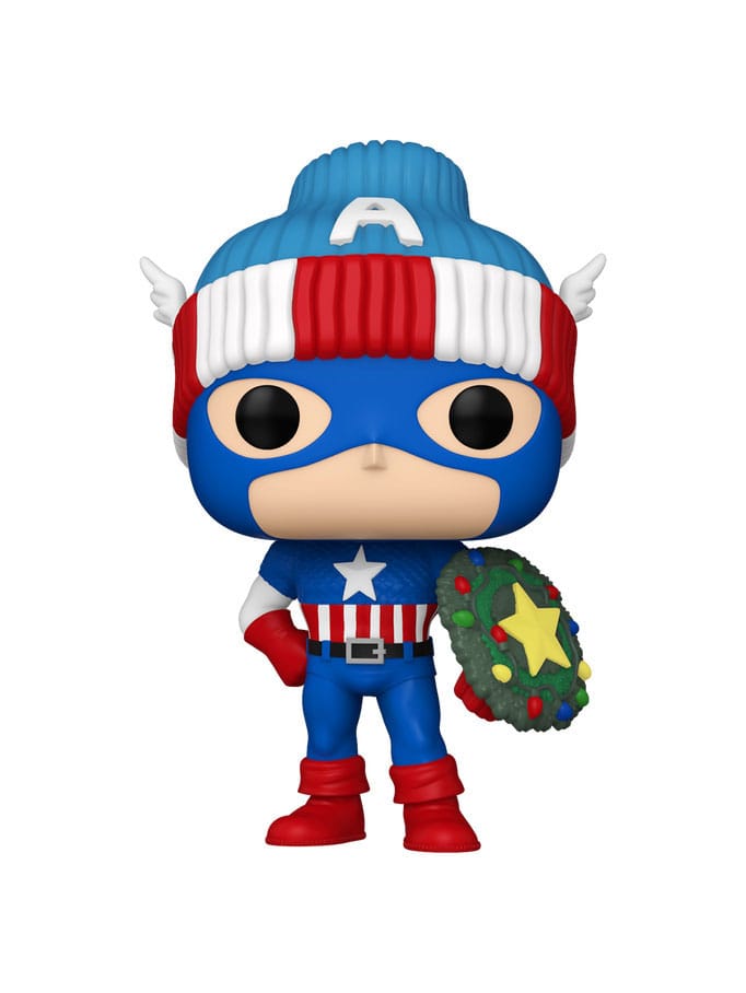CAPITAN AMERICA MARVEL HOLIDAY FUNKO POP. Figura de vinilo de la línea 'POP!', tamaño aprox. 9 cm. un coleccionable imprescindible para los fanáticos de Marvel. Con un diseño encantador, esta figura de 9 cm muestra al legendario superhéroe con un gorro navideño a rayas rojas, blancas y azules, con las icónicas alas en los costados. En su mano, sostiene una corona navideña adornada que añade un toque festivo. Fabricada por Funko, garantiza calidad y detalle en cada pieza.