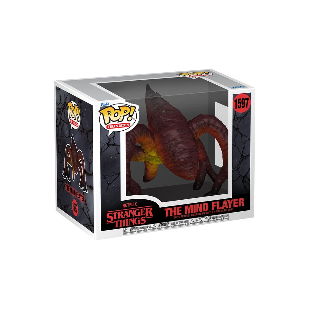 MIND FLAYER STRANGER THINGS RIFT OVERSIZED FUNKO POP. Figura de vinilo de la línea 'POP!', tamaño aprox. 15 cm. Conocido como el ente supremo del Mundo del Revés, el Mind Flayer es el responsable de controlar a las criaturas y amenazar a Hawkins con su poder sobrenatural. Este Funko Pop Super Stranger Things The Mind Flayer presenta un diseño espectacular en formato Super Sized, capturando cada tentáculo, textura y detalle que lo convierten en una figura impactante. Su acabado de pintura combina tonos oscuros y sombras que transmiten toda la esencia siniestra del personaje, haciéndolo destacar en cualquier colección.