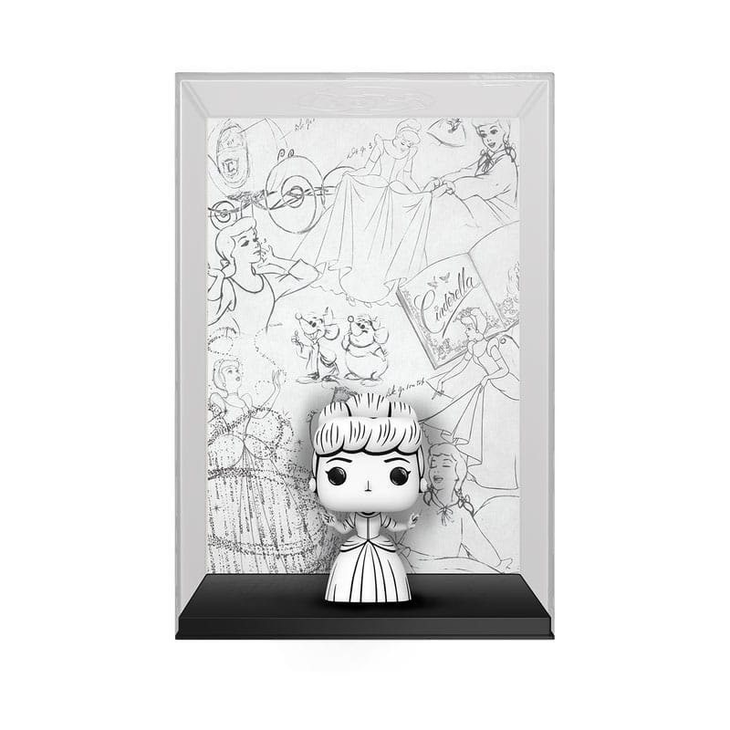 CINDERELLA LA CENICIENTA COMIC COVER SKETCHED FUNKO POP. Figura de vinilo de la línea 'POP!', tamaño aprox. 9 cm. La figura de vinilo de La Cenicienta de Funko POP! ofrece un diseño único y encantador. Con una altura aproximada de 9 cm, esta pieza de colección muestra a Cenicienta en un estilo sketched en blanco y negro, proporcionando un toque artístico y original. La figura está presentada frente a un fondo que ilustra bocetos icónicos del clásico cuento, encapsulado dentro de un marco transparente que mide 18,7 x 28 x 9 cm. Este coleccionable es perfecto para admiradores de Disney, aportando un aire nostálgico y elegante a cualquier espacio. Fabricada con materiales de alta calidad, esta figura es no solo un tributo a un personaje querido, sino también una muestra del arte pop a través de los ojos de Funko. Tiene un peso de 513 gramos, mostrando una base sólida que garantiza su estabilidad. Ideal para exhibir en estanterías o vitrinas, es un regalo perfecto para coleccionistas y amantes de los cuentos de hadas.