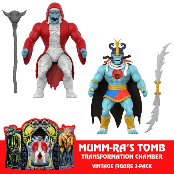 Mumm-ra’s tomb thundercats vintage collection two-pack sdcc 2025 exclusive. Elo mires como lo mires, el mal acecha en la fortaleza de la tumba de mumm-ra™, y ahora es el doble de siniestro. Este set de figuras de acción de thundercats™ presenta a mumm-ra tanto en su versión musculosa eterna como en la versión original de momia mumm-ra. La caja temática de la tumba de mumm-ra incluye un dial para girar las figuras articuladas de 5. 5", para que puedas verlas a través de sus blísteres transparentes sin sacarlas de la caja. Los accesorios incluyen una capa roja y negra de tela suave, la espada de plun-darr™ y un bastón. Así que invoca a los antiguos espíritus del mal y observa cómo mumm-ra se transforma. Guarda tus recuerdos de los thundercats de los 80 cerca con este set de figuras coleccionables diabólicamente encantador.