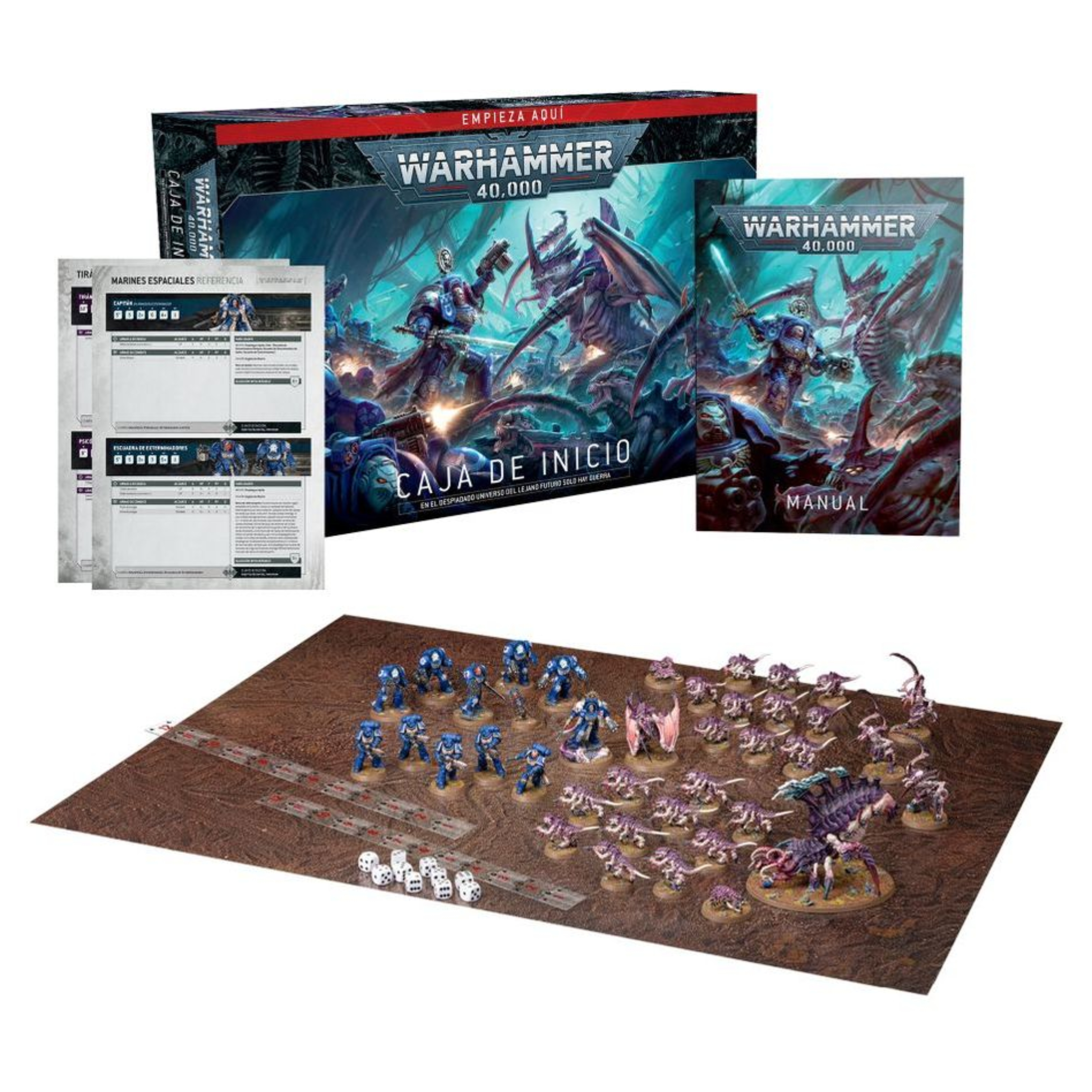 WARHAMMER 40,000: CAJA DE INICIO (ESPAÑOL) Warhammer 40,000: caja de inicio (español). En el despiadado universo del lejano futuro solo hay guerra. En los dispersos mundos del imperium de la humanidad, en la galaxia asediada por tormentas disformes y conflicto sin fin, los ejércitos de la humanidad luchan por sobrevivir. El imperium está al borde de la aniquilación tras la aparición de las flotas colmena tiránidas procedentes del frío vacío interestelar. Los marines espaciales son la última línea de defensa entre esta voraz amenaza alienígena y los atribulados mundos del reino imperial. Sumérgete en el 41. º milenio con la caja de inicio definitiva de warhammer 40,000, la cual te trae una experiencia introductoria completa con un montón de miniaturas, un campo de batalla sobre el que luchar, manuales de instrucciones y todos los dados que necesitas para jugar tus primeras partidas. Elige entre los superhumanos marines espaciales o los enjambres tiránidos, pásale la vara de mando del otro ejército a un colega o familiar y combate durante horas de apasionante entretenimiento. No hay mejor manera de dar tus primeros pasos en el fascinante mundo de warhammer 40,000. Esta caja es además también ideal para expandir tus colecciones ya existentes.