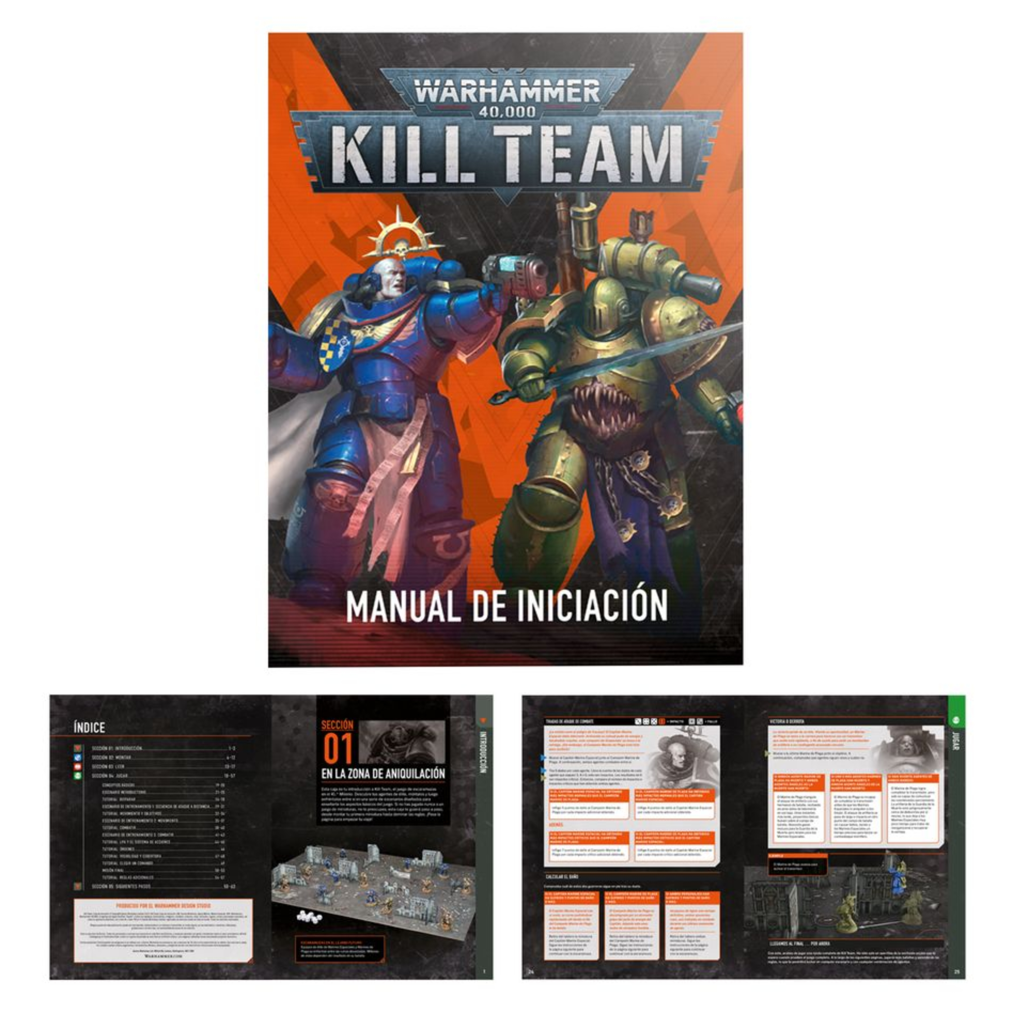 KILL TEAM: CAJA DE INICIO (ESPAÑOL) Kill team: caja de inicio (español). En el despiadado universo del lejano futuro, los proyectiles explosivos silban en el aire, las espadas sierra se revolucionan ávidas de sangre y los pies blindados golpean contra un suelo accidentado. Aquí y ahora, la batalla depende de la temeridad de un simple puñado de guerreros. ¿tienes lo que se necesita para comandarlos y llevarlos a la victoria? Kill team es un juego de mesa lleno de acción con intensas escaramuzas ambientadas en el 41. º milenio, el telón de fondo de warhammer 40,000. Esta caja de inicio contiene todo lo que dos jugadores necesitan para dar sus primeros pasos en kill team. Contiene dos comandos completos: los sobrehumanos marines espaciales de los ángeles de la muerte y sus corruptos homólogos, los infectos marines de plaga de la guardia de la muerte. Además, contiene todas las demás herramientas y accesorios que necesitas y una serie de escenarios introductorios para que te familiarices con los conceptos básicos de las batallas tácticas ultrarrápidas. También trae tres láminas de terreno fabricadas en madera fdm con ilustraciones impresas: solo hay que encajarlas, sin necesidad de pegamento ni pintura, y se desmontan de nuevo fácilmente para guardarlas. Toda la caja se ha diseñado para montarse y estar lista para jugar en tan solo 30 minutos.