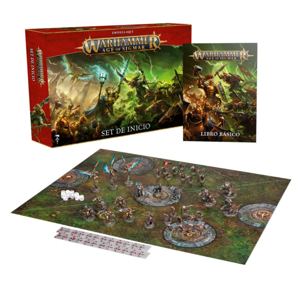 AGE OF SIGMAR: CAJA DE INICIO (ESPAÑOL). La Era de Sigmar es una era de guerra sin fin. Durante siglos, los formidables Forjados en la Tormenta han luchado contra las fuerzas del mal. Ahora se enfrentan a su momento más oscuro, con las malvadas hordas de los Skaven amenazando con destruir los Reinos Mortales. Este set es ideal para empezar con Warhammer Age of Sigmar, un apasionante universo de fantasía del que puedes formar parte coleccionando ejércitos, pintándolos y combatiendo con tus amistades. El manual de 64 páginas contiene todo lo que necesitas para empezar con todos los aspectos de este emocionante hobby; aprenderás a montar y pintar tus miniaturas, descubrir el universo al que pertenecen y disputar con ellas tus primeras batallas.