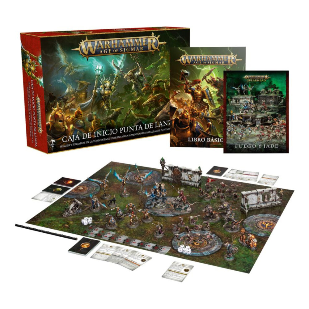 WARHAMMER AGE OF SIGMAR: CAJA DE INICIO DE PUNTA DE LANZA (ESPAÑOL). La Era de Sigmar es una era de guerra sin fin. Durante siglos, los formidables Forjados en la Tormenta han luchado contra las fuerzas del mal, pero ahora parece haber llegado la Hora de la Ruina con incontables hordas de escurridizos Skaven inundando los Reinos Mortales. Tan poderoso es su armamento arcano que el Dios Rey Sigmar ha enviado a sus guerreros más poderosos para frenar la marea. A la cabeza de esta resplandeciente hueste marchan las cámaras de Perdición, guerreros que han muerto tantas veces que se parecen más a armas vivientes que a los humanos que protegen. Este set es perfecto para empezar con Warhammer Age of Sigmar, un apasionante universo de fantasía del que puedes formar parte coleccionando ejércitos, pintándolos y combatiendo con tus amistades. El manual de 72 páginas contiene todo lo que necesitas para empezar con todos los aspectos de este emocionante hobby; aprenderás a montar y pintar tus miniaturas, descubrirás el universo al que pertenecen y disputarás con ellas emocionantes batallas. También incluye el libro Punta de lanza: Fuego y jade, que contiene todas las reglas adicionales que necesitas para jugar al vertiginoso modo de juego Punta de lanza, junto con un tapete de juego de dos caras en el que jugar tus partidas de Punta de lanza. Incluso encontrarás dos fuerzas completas de Punta de lanza, para que te lances a jugar partidas tácticas e intensas desde el primer momento.