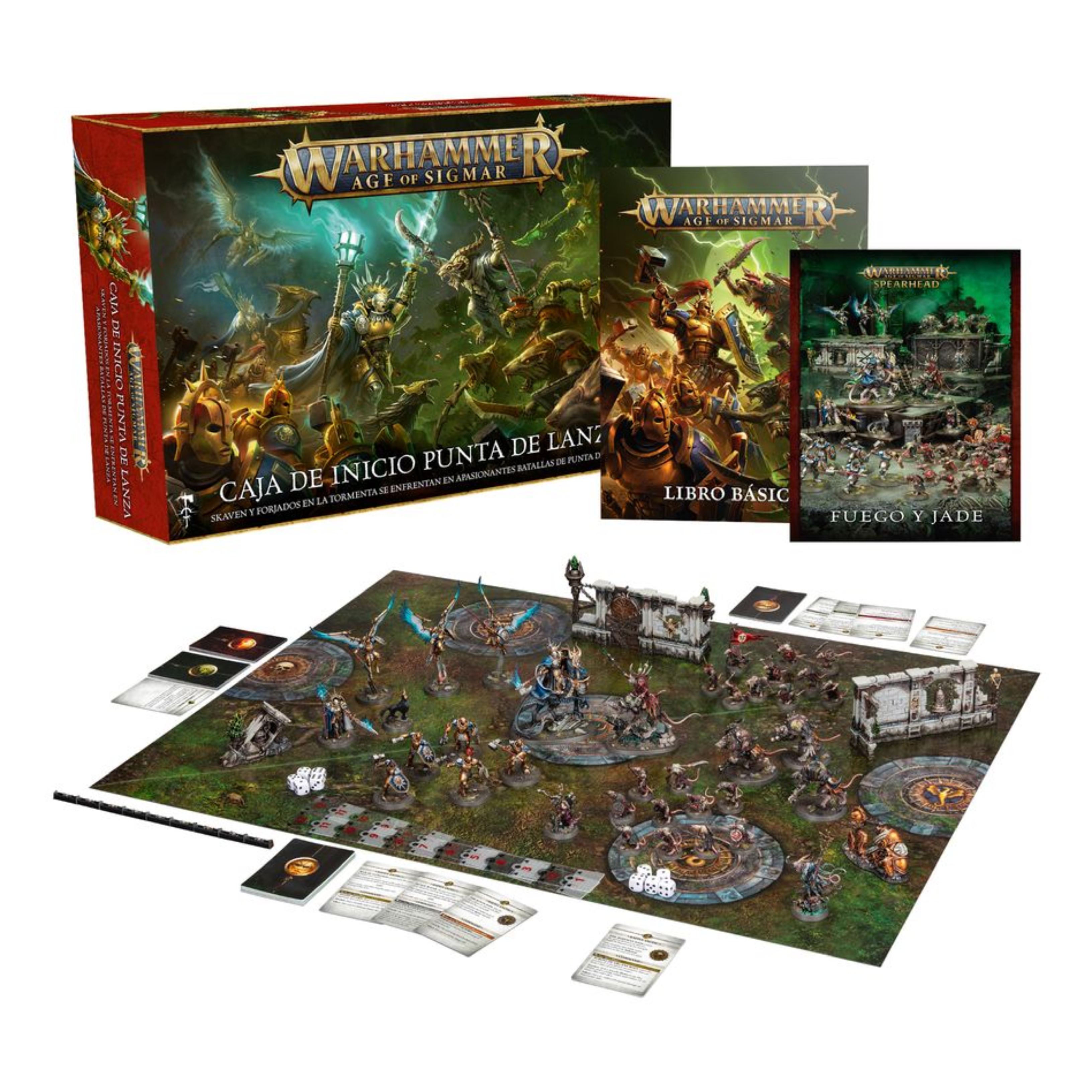 WARHAMMER AGE OF SIGMAR: CAJA DE INICIO DE PUNTA DE LANZA (ESPAÑOL) Warhammer age of sigmar: caja de inicio de punta de lanza (español). La era de sigmar es una era de guerra sin fin. Durante siglos, los formidables forjados en la tormenta han luchado contra las fuerzas del mal, pero ahora parece haber llegado la hora de la ruina con incontables hordas de escurridizos skaven inundando los reinos mortales. Tan poderoso es su armamento arcano que el dios rey sigmar ha enviado a sus guerreros más poderosos para frenar la marea. A la cabeza de esta resplandeciente hueste marchan las cámaras de perdición, guerreros que han muerto tantas veces que se parecen más a armas vivientes que a los humanos que protegen. Este set es perfecto para empezar con warhammer age of sigmar, un apasionante universo de fantasía del que puedes formar parte coleccionando ejércitos, pintándolos y combatiendo con tus amistades. El manual de 72 páginas contiene todo lo que necesitas para empezar con todos los aspectos de este emocionante hobby; aprenderás a montar y pintar tus miniaturas, descubrirás el universo al que pertenecen y disputarás con ellas emocionantes batallas. También incluye el libro punta de lanza: fuego y jade, que contiene todas las reglas adicionales que necesitas para jugar al vertiginoso modo de juego punta de lanza, junto con un tapete de juego de dos caras en el que jugar tus partidas de punta de lanza. Incluso encontrarás dos fuerzas completas de punta de lanza, para que te lances a jugar partidas tácticas e intensas desde el primer momento.
