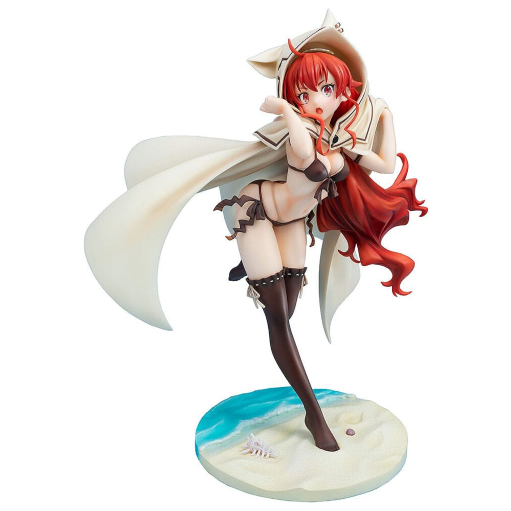 ERIS BOREAS GREYRAT SWIMSUIT MUSHOKU TENSEI: JOBLESS REINCARNATION ESTATUA 1/7. En Mushoku Tensei: Jobless Reincarnation, Eris Boreas Greyrat es una joven noble fogosa con un temperamento explosivo. Como heredera de una familia prestigiosa, creció rodeada de privilegios, pero también de una disciplina estricta, hasta que su camino cambió drásticamente tras conocer a Rudeus. Personaje clave de la historia, evoluciona de ser una niña malcriada y de mal genio a convertirse en una joven decidida y más madura. Su trayectoria refleja tanto su fuerte voluntad como su sensibilidad oculta bajo una apariencia dura. Su complicada relación con Rudeus y su implacable entrenamiento ponen de relieve su deseo de hacerse más fuerte. La figura la representa con un bañador oscuro de dos piezas con sutiles detalles de lazos y un short a juego. Lleva una gran capa blanca con capucha y orejas estilizadas de gato, que contrastan maravillosamente con su largo cabello rojo ondulado. Sus medias negras hasta los muslos resaltan la elegancia de su silueta. La pose dinámica y la expresión de sorpresa capturan a la perfección su energía y espontaneidad. Fabricada en PVC a escala 1/7, esta figura mide unos 25 centímetros de altura y descansa sobre una base con temática playera con arena esculpida, conchas marinas y detalles de suaves olas. El contraste de texturas entre la tela de la capa, su detallado cabello y el brillante bañador realza el realismo de la pieza.