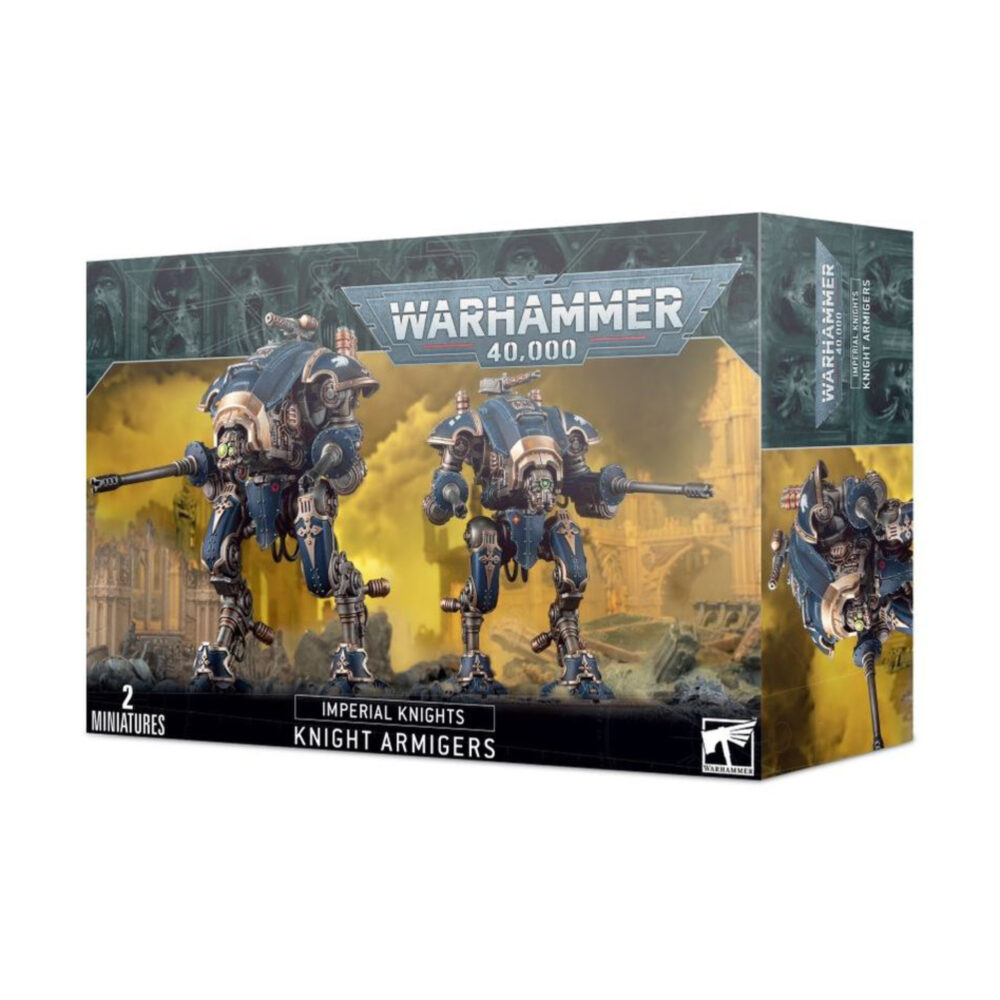 INMORTALS KNIGHTS: KNIGHTS ARMIGERS WARHAMMER 40,000. Los Helverines Armiger son veloces Caballeros que lanzan ráfagas de fuego pesado desde posiciones de flanqueo y puestos de vanguardia o mientras avanzan en emboscada. Entre sus funciones estratégicas clave se encuentran el fuego a discrección, de reconocimiento y de cobertura, usando sus cañones automáticos para disparar cientos de proyectiles por minuto. Una manada de estos ingenios de guerra es capaz de echar por tierra un asalto enemigo en cuestión de segundos. Con este kit multicomponente de plástico puedes montar dos Helverines Armiger (o dos Espadas de Guerra Armiger), bípodes veloces para incluirlos en tus ejércitos de Caballeros Imperiales de Warhammer 40,000 o desplegarlos como Desarraigados en tus ejércitos de Marines Espaciales, Astra Militarum, Adepta Sororitas, Adeptus Custodes, Adeptus Mechanicus o Agentes Imperiales. También puedes montarlos como Perros de la Guerra Cazadores o Perros de la Guerra Verdugos para incluirlos en tus ejércitos de Caballeros del Caos o desplegarlos como Descastados en tus ejércitos de Marines Espaciales del Caos, Guardia de la Muerte, Hijos del Emperador, Mil Hijos o Devoradores de Mundos. Los Helverines Armiger son veloces plataformas de armas capaces de encontrar la posición perfecta desde la que arrojar salvas devastadoras sobre el campo de batalla con sus cañones automáticos.