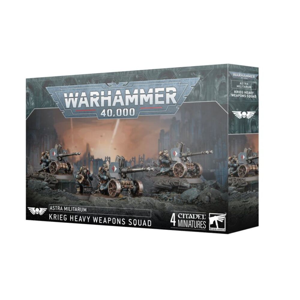 ASTRA MILITARUM KRIEG HEAVY WEAPONS SQUAD WARHAMMER 40,000. Las Escuadra de Armas Pesadas de los Korps de la Muerte se despliegan para apoyar los asaltos de infantería, formando zonas de fuego superpuestas para inmovilizar al enemigo y facilitar el avance de las oleadas de infantería. Los coordinadores de fuego se aseguran de que los artilleros bajo su mando mantengan una cadencia de fuego insuperable. Con este kit multicomponente de plástico puedes montar una Escuadra de Armas Pesadas de Krieg compuesta por tres Artilleros de Armas Pesadas y un Coordinador de Fuego para reforzar tus ejércitos del Astra Militarum en partidas de Warhammer 40,000. Cuentan con una gran variedad de armas pesadas para debilitar las unidades enemigas y apoyar al resto de tu fuerza. Cada Artillero de Armas Pesadas puede equiparse con un cañón láser, un lanzallamas pesado de Krieg o una ametralladora pesada doble de Krieg. Incluyen mochilas y accesorios intercambiables, para que sea muy fácil personalizar la unidad. El Coordinador de Fuego se puede montar apoyado sobre una rodilla o consultando un mapa del campo de batalla. El kit contiene 111 piezas de plástico, 3 peanas redondas Citadel de 50 mm y 1 peana redonda Citadel de 25 mm. También incluye una hoja con 803 calcomanías al agua de los Korps de la Muerte de Krieg para personalizar tu escuadra. Las miniaturas se proporcionan sin montar ni pintar. Recomendamos usar pegamento para plástico Citadel y pinturas Citadel Colour.