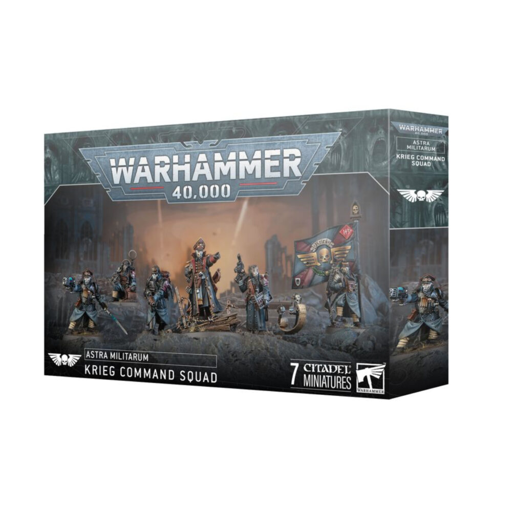 ASTRA MILITARUM KRIEG COMMAND SQUAD WARHAMMER 40,000. Las Escuadras de Mando de Krieg están dirigidas por representantes del Officio Prefectus, normalmente un comisario de alto rango asistido por un séquito de veteranos y oficiales subalternos. Lideran sus tropas desde primera línea y con frecuencia los encontrarás en los combates más intensos. Con este kit multicomponente de plástico puedes montar una Escuadra de Mando de Krieg para incluirlo en tus ejércitos del Astra Militarum en partidas de Warhammer 40,000. La unidad está compuesta por un Lord Comisario, cinco Guardias Veteranos y un servoescriba; una importante incorporación de especialistas para tu fuerza. El Lord Comisario puede equiparse con una pistola de plasma o un látigo en su brazo derecho, y con un puño de energía o una espada de energía envainada y señalando con su otro brazo. También puedes montar a uno de los guardias veteranos de tu unidad con una pistola láser, una pistola bólter o una pistola de plasma en la mano derecha, y con una espada sierra, arma de energía o garrote de trinchera en la izquierda. Otro guardia puede equiparse con un bólter, un rifle de plasma, un rifle de fusión o un lanzagranadas, y elegir entre dos accesorios opcionales para llevar en la mochila: granadas o munición para el lanzagranadas. Los otros guardias llevan el estandarte del regimiento, el vocomaestro y los contraagentes alquímicos, respectivamente. También hay una gama de accesorios estéticos, como palas, para decorar aún más tus miniaturas. El kit contiene 81 piezas de plástico, 6 peanas redondas Citadel de 25 mm y 1 peana redonda Citadel de 32 mm. También incluye una hoja con 803 calcomanías al agua de los Korps de la Muerte de Krieg para personalizar tus miniaturas. Las miniaturas se proporcionan sin montar ni pintar. Recomendamos usar pegamento para plástico Citadel y pinturas Citadel Colour.