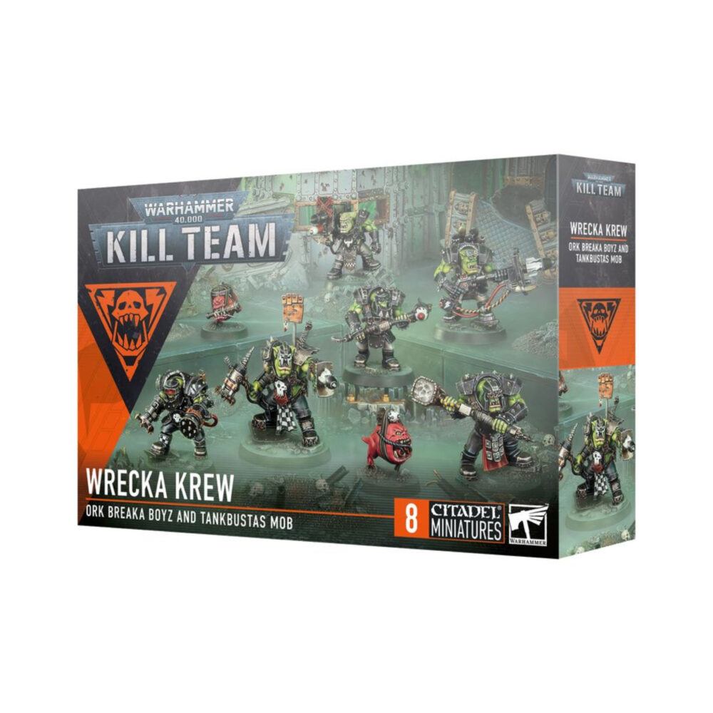 KILL TEAM WRECKA KREW (ESPAÑOL). A los Demoledorez les apasiona la destrucción, incluso para los estándares orkos. Salen en misiones de sabotaje o con el único fin de reducir a escombros lo que encuentren a su paso, y para ello se valen de cohetes y martillos con los que destrozan las máquinas enemigas y todo lo que se interponga en su camino. Con este kit multicomponente de plástico puedes montar ocho miniaturas de Demoledorez. Estas miniaturas se pueden utilizar como agresivos agentes Demoledorez en partidas de Kill Team o en un ejército de Orkos para partidas de Warhammer 40,000. El kit incluye distintas opciones de cabezas y accesorios para personalizar tu comando, además de componentes para montar especialistas como el brutal Noble Jefazo, el destructivo Kobeteador Petatankez, los prescindibles Garrapatos bomba y muchos otros. Dentro de la caja también encontrarás una hoja con 38 marcadores de doble cara de Demoledorez para que lleves fácilmente la cuenta de tu equipo y de los efectos en el juego en plena batalla. El kit contiene 129 piezas de plástico, 1 peana redonda Citadel de 40 mm, 5 peanas redondas Citadel de 32 mm y 2 peanas redondas Citadel de 25 mm. Este set también incluye una hoja con 438 calcomanías al agua de gran calidad para que personalices tus miniaturas de Orkos. Las miniaturas se proporcionan sin montar ni pintar. Recomendamos usar pegamento para plástico Citadel y pinturas Citadel Colour.