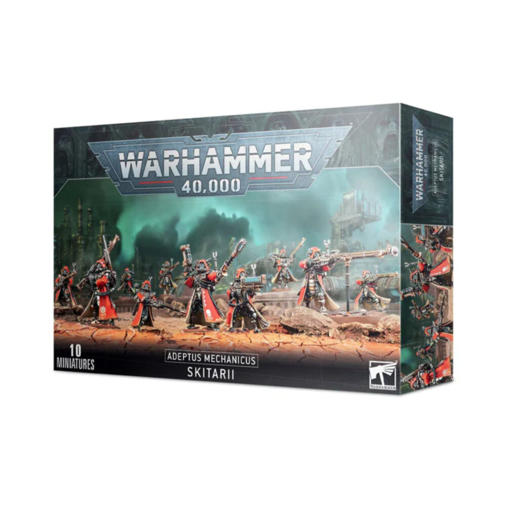 ADEPTUS MECHANICUS SKITARII WARHAMMER 40,000. Los Rangers de los Skitarii reúnen ls energías de los mundos forja en su armamento y son cazadores implacables. Para ellos, el enfrentamiento no ha acabado hasta que su enemigo ha sido destruido; incluso si eso implica rastrearle a través de las galaxias durante décadas. Los Skitarii Rangers acechan a su presa con rifles galvánicos y lucen sus máscaras de gas y capuchas. Cada uno de ello está cubierto por una armadura Skitarii sellada, blasonada con el símbolo del Adeptus Mechanicus y llena de sensores recolectores de datos, antenas y monitores ambientales. Conscients del duro terreno de Marte, sus piernas se han amputado de rodillas hacia abajo y se han sustituido con reemplazos biónicos de mejora cibernética. La unidad puede incluir un Alpha, armado con una pistola voltáica o radium y un arma de cuerpo a cuerpo (que puede ser una espada de energía una vara taser o una maza voltáica) y tres miniaturas pueden usar armas especiales. Tienes disponible un arcabuz transuránico, un rifle voltaico, y un caliver de plasma. Este último incluye una cabeza y mochila específica. Una miniatura se puede convertir en Alpha y usar una cadena de datos mejorada o un omnispex, la caja muestra realmente la naturaleza obsesiva a la hora de recoger datos del Adeptus Mechanicus. Esta caja de plástico multicomponente contiene todo lo que necesitas para montar diez Skitarii Rangers o diez Skitarii Vanguard. En la caja se incluyen 124 componentes: veintitrés cabezas, doce de las cuales son variantes de yelmo/respirador Vanguard, veinticinco armas, una hoja de calcomanías, una peana ovalada de 60x35.5mm y diez peanas redondas de 25mm. Las miniaturas se proporcionan sin montar ni pintar. Recomendamos usar pegamento para plástico Citadel y pinturas Citadel Colour.