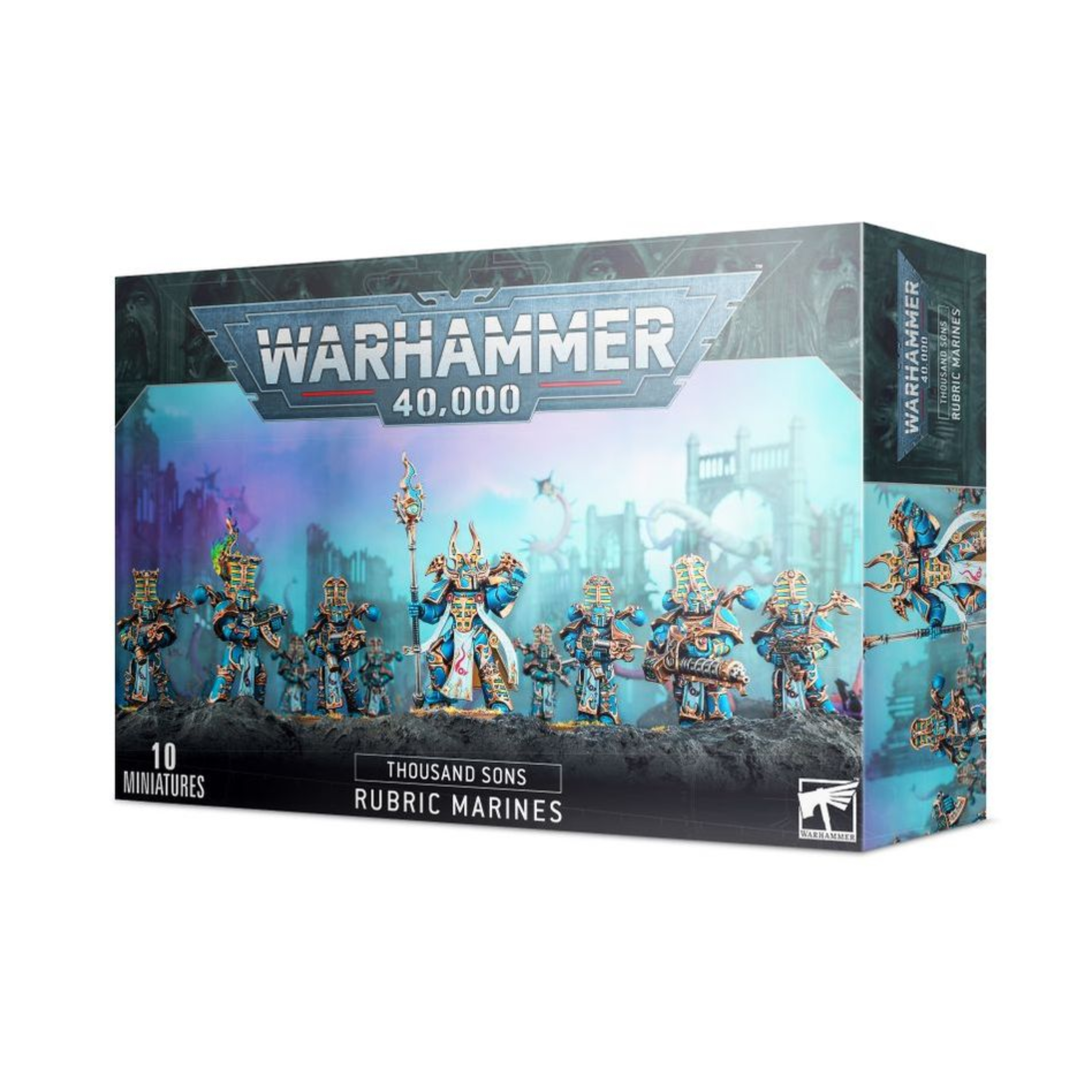 THOUSAND SONS RUBRIC MARINES WARHAMMER 40,000 Thousand sons rubric marines warhammer 40,000. Mientas avanzan a las órdenes de su maestro hechicero, los marines rúbrica lanzan ráfagas de fuego fulminantes. Los proyectiles arcanos de las armas infierno y los cañones cosechaalmas destrozan al rival, mientras el fuego mutágeno de los lanzallamas disformes quema y deforma carne y alma. Contra tales ataques, nada resiste mucho tiempo. Con este kit multicomponente de plástico puedes montar diez marines rúbrica, implacable infantería para tus ejércitos de mil hijos de warhammer 40,000. Liderados por un aspirante hechicero que los controla en batalla como un titiritero a sus marionetas, son ideales para despejar objetivos controlados por el enemigo con una lluvia de fuego letal para después reclamarlos ellos mismos. El aspirante hechicero de la escuadra puede elegir entre dos cabezas, dos remates para su báculo de psicofuerza, y una pistola bólter infierno, una pistola de llamas disformes o una mano abierta. Los otros miembros de la escuadra pueden armarse con un bólter infierno o un lanzallamas disforme; uno puede montarse con un cañón cosechaalmas opcional y otro puede portar un icono de llamas, también opcional. Los brazos, armas y torsos son intercambiables entre las miniaturas, como también lo son las otras 10 cabezas, 10 mochilas y 20 hombreras, haciendo que personalizar tu unidad sea de lo más sencillo. El kit contiene 152 piezas de plástico y 10 peanas redondas citadel de 32 mm. Las miniaturas se proporcionan sin montar ni pintar. Recomendamos usar pegamento para plástico citadel y pinturas citadel colour.