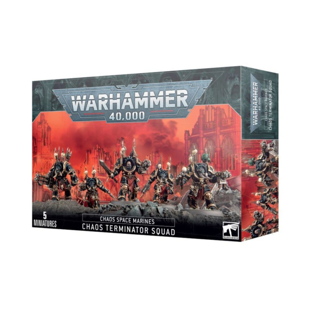 CHAOS SPACE MARINES CHAOS TERMINATOR SQUAD WARHAMMER 40,000. Los Exterminadores del Caos son moles asesinas, tanques andantes enfundados en enormes armaduras corruptas. Sus pinchos y cuernos les confieren un aspecto monstruoso, y su devastador arsenal de fuego pesado y armas de combate les permite hacer trizas a las escuadras de élite y los ingenios de guerra del enemigo. Con este kit multicomponente de plástico puedes montar cinco Exterminadores del Caos para reforzar tus ejércitos de Marines Espaciales del Caos, Devoradores de Mundos o Hijos del Emperador en partidas de Warhammer 40,000. Estos veteranos fuertemente blindados se abren paso entre fútiles andanadas de fuego enemigo para abatir a sus impotentes víctimas con un selecto arsenal de armamento brutal. Cada uno de estos corpulentos guerreros está equipado con un combibólter y un arma maldita. Además, el kit incluye cinco combiarmas, tres puños de energía, un lanzallamas pesado, un cañón automático Segador, un puño sierra para perforar blindajes y la opción de portar armas malditas emparejadas. También trae cabezas, hombreras y picas con trofeos intercambiables para que personalices fácilmente a tus guerreros de élite. El kit contiene 82 piezas de plástico, 5 peanas redondas Citadel de 40 mm y una hoja con 364 calcomanías al agua de gran calidad para Marines Espaciales del Caos con las que decorar tus miniaturas. Las miniaturas se proporcionan sin montar ni pintar. Recomendamos usar pegamento para plástico Citadel y pinturas Citadel Colour.