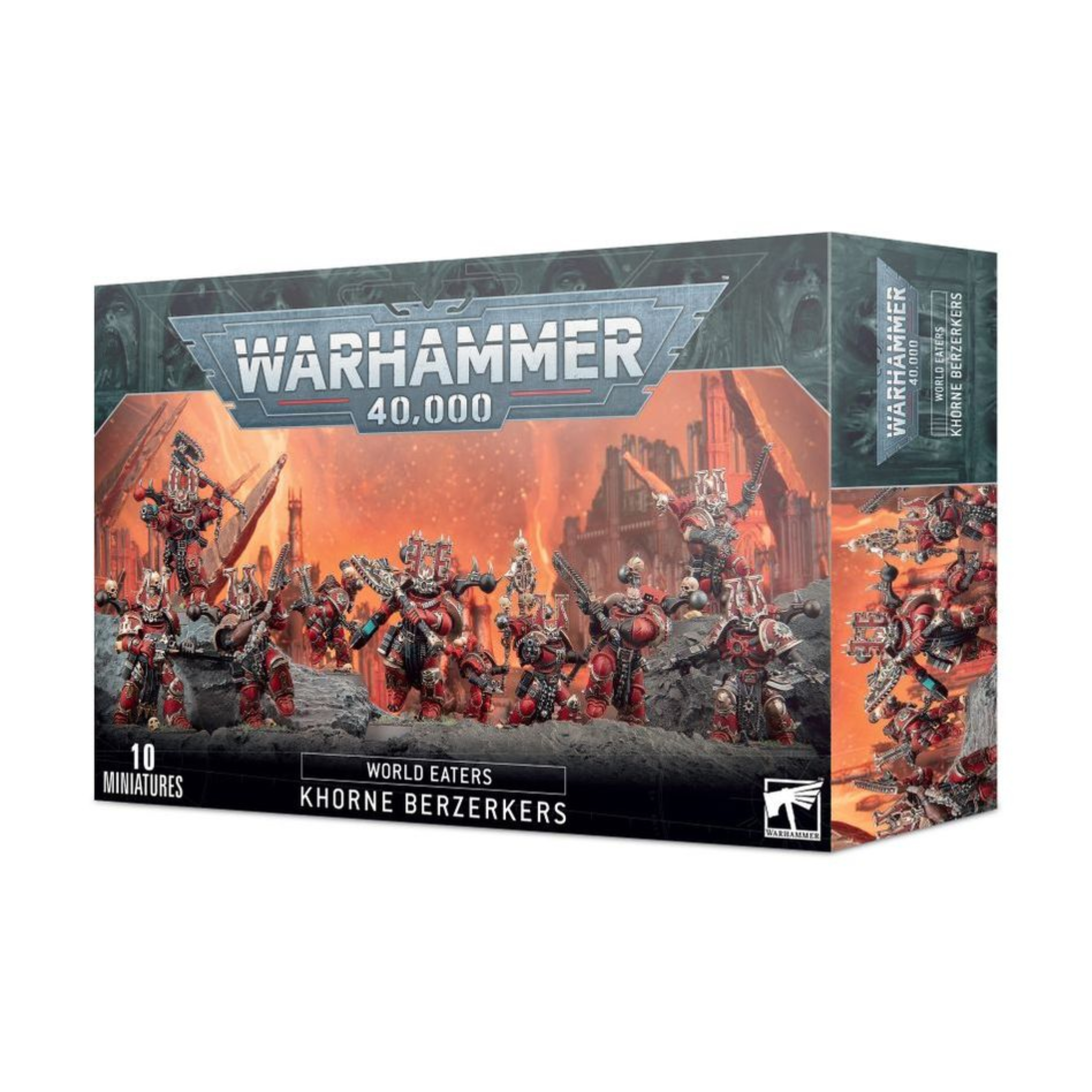 WORLD EATERS KHORNE BERZERKERS WARHAMMER 40,000 World eaters khorne berzerkers warhammer 40,000. Los bersérkeres de khorne se deleitan en su rol de sagrados destructores del dios de la sangre, y su fanatismo es temido en toda la galaxia. La ira disforme de estos guerreros superlativos les lleva a un frenesí asesino en movimiento. Aquellos que les hacen frente en batalla son masacrados bajo una lluvia de furiosos golpes de armas sierra, cada uno de ellos lo bastante poderoso como para cercenar extremidades, decapitar cabezas y atravesar las placas de armadura pesada. Este kit de plástico multicomponente permite montar 10 bersérkeres de khorne, arietes transhumanos implantados con clavos de carnicero inductores de furia. Cada uno de estos guerreros está armado con una arma sierra de bersérker (diversos modelos de hachas sierra y espadas sierra), además de una pistola bólter. Este kit incluye componentes para equipar hasta a dos bersérkeres con evisceradores a dos manos, a otro con dos pistolas de plasma, y añadir a tu escuadra un icono bersérker rematado por un cráneo. También puedes montar un campeón bersérker, que incluye opciones adicionales de cabezas y hombreras, y puede armarse con una pistola de plasma propia. En esta caja encontrarás un montón de opciones de montaje intercambiables, incluyendo mochilas de energía, hombreras con diseños grabados y 26 cabezas únicas, divididas entre yelmos con cresta y caras descubiertas, a fin de asegurar que no haya dos bersérkeres iguales en tu banda de devoradores de mundos. Este kit consta de 141 componentes de plástico, e incluye 10 peanas redondas citadel de 32mm. También se incluye una hoja de calcomanías de los devoradores de mundos con 200 transferibles de simbología de khorne, tatuajes rúnicos, estrellas de ocho puntas, cráneos y variaciones del icono de la legión de los devoradores de mundos. Estas miniaturas se suministran sin pintar y requieren montaje. Recomendamos usar pegamento para plástico citadel y pinturas citadel colour.