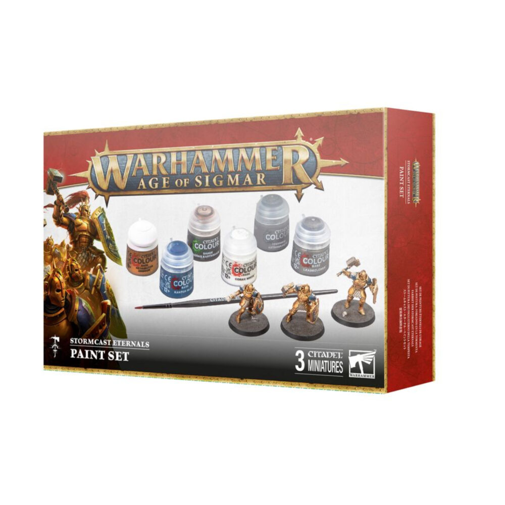STORMCAST ETERNALS PAINTS SET WARHAMMER 40,000. Los Forjados en la Tormenta son guerreros cruzados bendecidos por los relámpagos. Elegidos durante su vida mortal por su heroísmo, ahora están condenados a luchar para siempre. Se enfrentan a los peores horrores presentes en los Reinos Mortales, canjeando su humanidad pieza a pieza para proteger a los seguidores de Sigmar. Esta caja es una forma ideal de empezar tu colección de Forjados en la Tormenta. Recibirás tres Liberadores de plástico con posturas singulares, las pinturas que necesitas para prepararlos para la batalla y un pincel para que puedas empezar. Estas miniaturas son de montaje a presión, por lo que solo requieren tenazas para ser montadas. Las seis pinturas vienen en botes de 12 ml e incluyen los colores esenciales que necesitas para pintar tus Liberadores como Martillos de Sigmar, junto con una pintura Technical para que puedas crear tus propias peanas texturizadas. Este set contiene: 3 miniaturas de Liberadores Forjados en la Tormenta de plástico de montaje a presión y 3 peanas redondas Citadel de 40 mm de agujero hexagonal. 1 pincel Starter Citadel Colour. 6 pinturas Citadel Colour: – Retributor Armour (Base) – Kantor Blue (Base) – Corax White (Base) – Leadbelcher (Base) – Agrax Earthshade (Shade) – Astrogranite (Technical) Estas miniaturas se suministran sin pintar y requieren montaje. Recomendamos usar pegamento para plástico Citadel y pinturas Citadel Colour.