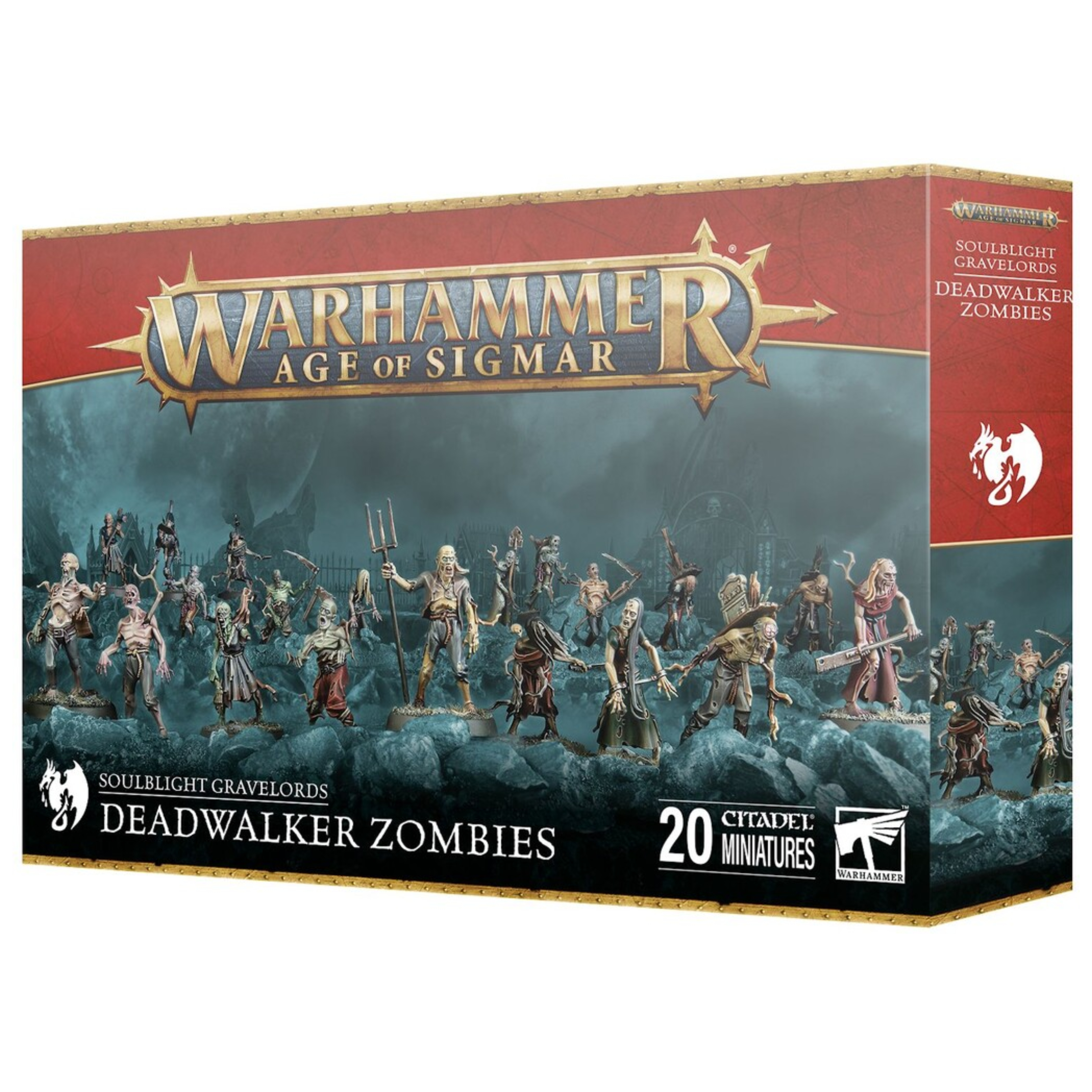 SOULBLIGHT GRAVELORDS DEADWALKER ZOMBIES WARHAMMER AGE OF SIGMAR Soulblight gravelords deadwalker zombies warhammer age of sigmar. Los deadwalker zombies son creados a partir de cadáveres frescos; reciben la fuerza mediante el poder de necromancia oscura y son enviados al campo de batalla en una horda de paso tambaleante. Sin mente, y regidos únicamente por un instinto colectivo, las migraciones zombis se han convertido en una plaga sempiterna tras el necroseísmo. Muchas ciudad han creado "pirobandas" errantes que purgan con fuego los brotes antes de que sea demasiado tarde. A pesar de que de manera individual son lentos, torpes y frágiles, una manada de deadwalker zombies del tamaño adecuado puede suponer una amenaza incluso para los soldados enemigos más habilidosos, simplemente por su superioridad numérica. Su hambre mononeuronal les da un componente de velocidad sorprendente cuando la presa se acerca demasiado, y cualquier desafortunado que caiga en sus garras acabará por unirse a los rangos soulblight antes de que acabe la batalla. En el interior de esta caja encontrarás 94 componentes de plástico, con los que puedes montar 20 deadwalker zombies. Estas miniaturas vienen acompañadas de 20 peanas citadel redondas de 25 mm. Estas miniaturas se suministran sin pintar y requieren montaje. Recomendamos usar pegamento para plástico citadel y pinturas citadel colour.