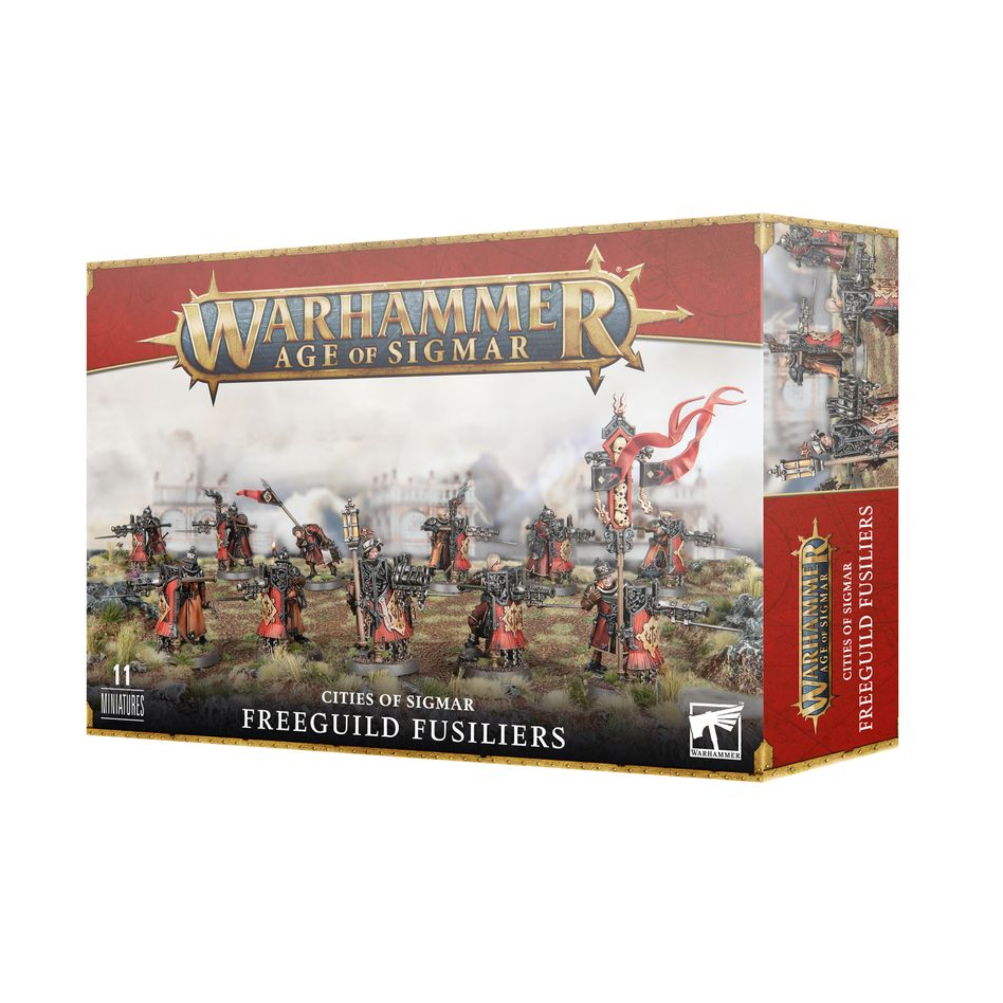 CITIES OF SIGMAR FREEGUILD FUSILIERS WARHAMMER AGE OF SIGMAR Cities of sigmar freeguild fusiliers warhammer age of sigmar. Los fusileros del gremio libre son tiradores disciplinados que están entrenados para formar una línea defensiva con sus pesados paveses y crear una fortaleza almenada en el campo de batalla. Desde esa posición, los fusileros pueden lanzar salvas ininterrumpidas con sus recios fusiles cañón, que escupen proyectiles letales abrasadores y nubes de pólvora. Este kit de varias piezas de plástico permite crear 10 fusileros del gremio libre, acompañados de un escudero polvoranegra. Cada fusilero lleva un pesado pavés, en el que colocan un fusil cañón dotado de una bayoneta. Puedes montar una miniatura como sargento fusilero, armado con una ristra de pistolas o con un fusil de sacrificio de triple cañón, y otra miniatura como heraldo fusilero, con un estandarte y una antorcha decorada con diferentes iconos y llamas. El escudero polvoranegra que los acompaña recorre la línea de fuego de un lado a otro para suministrar munición y pólvora donde hagan falta. El kit ofrece numerosas cabezas, posturas y diseños de escudos diferentes, todos ellos intercambiables entre las miniaturas, así como dos curiosas criaturas gargolianas. De este modo, tus fuerzas del gremio libre serán diferentes y variadas, independientemente de cuántos fusileros reclutes. El kit incluye 115 componentes de plástico, 10 peanas citadel redondas de 28,5 mm y una peana citadel redonda de 25 mm. También contiene una hoja de calcomanías de ciudades de sigmar con 410 iconos de ciudades libres, sellos de cultos sigmaritas y otros tipos de heráldica. Las miniaturas se suministran sin montar ni pintar. Recomendamos usar pegamento citadel plastic glue y pinturas citadel colour.