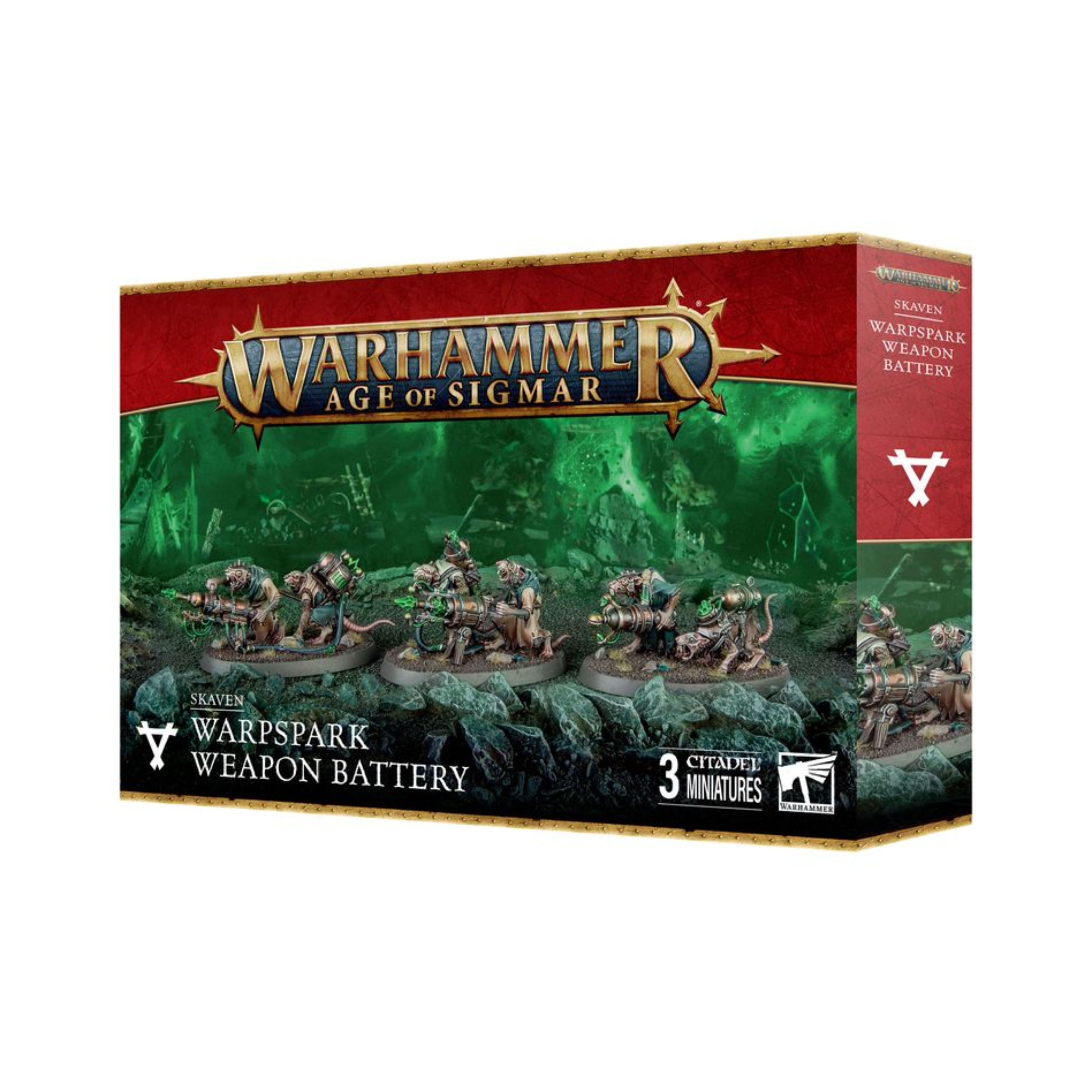 SKAVEN WARPSPARK WEAPON BATTERY WARHAMMER AGE OF SIGMAR Skaven warpspark weapon battery warhammer age of sigmar. Las baterías de armas brujas son miembros de los clanes skryre que a menudo marchan a la guerra ocultos entre hordas de serviles ratas de clan. Cuando llega el momento adecuado se revelan y descargan sus extrañas pero poderosas máquinas sobre el desprevenido enemigo. Ya sea con una lluvia de balas, ráfagas de espeluznantes llamas disformes o rayos brujos, obtienen una cosecha mortal para gloria de la rata cornuda. Con este kit multicomponente de plástico podrás montar tres equipos de armas con una de tres máquinas mortales diferentes. Todas pueden ser un tanto inestables, pero están diseñadas para acabar con diferentes tipos de enemigos. Las amerratadoras emiten una lluvia de plomo caliente para devastar las hordas enemigas; los lanzallamas brujos escupen una inextinguible llamarada verde, y los escuperrayos brujos son excelentes para aniquilar a tus enemigos con arcos de rayos brujos. Encontrarás un montón de opciones estéticas como opciones de cabeza para cada artillero además de puntas de armas, mochilas y más cosas para que puedas personalizar fácilmente tus unidades. Este kit contiene 63 componentes de plástico y 3 peanas ovaladas citadel de 60 mm x 35 mm. Estas miniaturas se venden sin montar y sin pintar; recomendamos usar pegamento para plástico citadel y pinturas citadel colour.