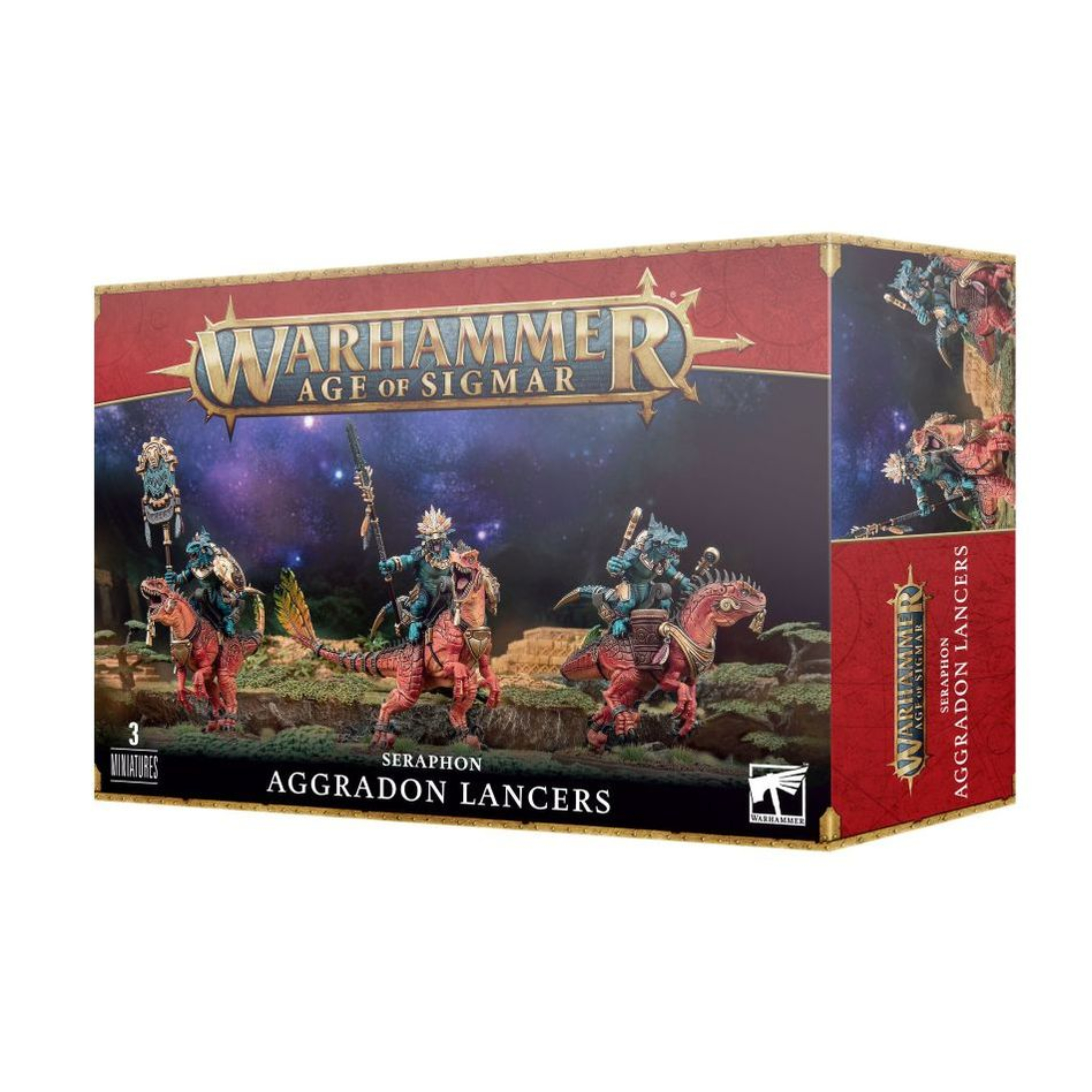 SERAPHON AGGRADON LANCERS WARHAMMER AGE OF SIGMAR Seraphon aggradon lancers warhammer age of sigmar. Los lanceros de agradón es una de las caballerías más agresivas de los reinos mortales, ya que sus temibles corceles escamosos solo se vuelven más rápidos y voraces a medida que el frenesí de la batalla se apodera de sus sentidos. Una carga de lanceros en agradón puede colapsar líneas de batalla enteras en una tormenta de violencia depredadora, donde jinetes y monturas arremeten con una fuerza y ferocidad salvajes. Con este kit de plástico multicomponente puedes montar tres lanceros en agradón: una formidable y sanguinaria caballería de los serafones. Todos los jinetes saurios pueden estar armados con un garrote de celestita con púas o una lanza de celestita perforante, y cada uno viene con dos collares blindados para que elijas las poses. Puedes montar una miniatura como campeón alfa, con una selección de cabezas y armas únicas, poses de brazos alternativas y un escudo único, uno como músico de tambor de guerra y otro como un imponente portaiconos. El kit ofrece un gran número de opciones de personalización: seis cabezas y tres escudos que se pueden usar con cualquiera de los jinetes, así como colas intercambiables, placas de armadura y adornos de plumas para los agradones, lo que te permite crear una lista variada de jinetes y corceles reptilianos. Este kit consta de 95 componentes de plástico y viene con tres peanas ovaladas citadel de 75x42 mm. Estas miniaturas requieren montaje y pintado. Recomendamos utilizar pegamento para plástico citadel y pinturas citadel colour.