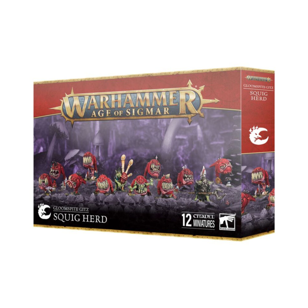 GLOOMSPITE GITZ SQUIG HERD WARHAMMER AGE OF SIGMAR. ¡Squigs! Poco más que bocas con patas y una actitud terrible, estos seres crueles son temidos por todos los Reinos Mortales por sus apetitos voraces, y a menudo los Gloomspite Gitz los usan al frente de sus filas. Estos pequeños monstruos son una gran elección para tu ejército gracias a su potencial ofensivo; basta con dirigirlos en una dirección vaga hacia donde necesites que muerdan y carguen. Si quieres pueden desplegar un ejército de pequeños monstruos con los que jugar, con Squig Herds como opción de Línea en ejércitos de un Moonclan general. Imagina la cara de tus enemigos… Esta caja incluye todo lo que necesitas para montar una manada de 10 squigs, con caras muy personalizables (horrendas y llenas de colmillos) entre las que elegir. También incluye un par de Squig Herders para amotivar a tus Squig Herds, con cuatro posibles variaciones de miniatura de las que podrás montar dos, además de accesorios para las peanas, que incluyen un squig caracol… Esta caja consta de 77 piezas e incluye 12 peanas redondas de 25 mm. Estas miniaturas se suministran sin pintar y requieren ensamblaje.