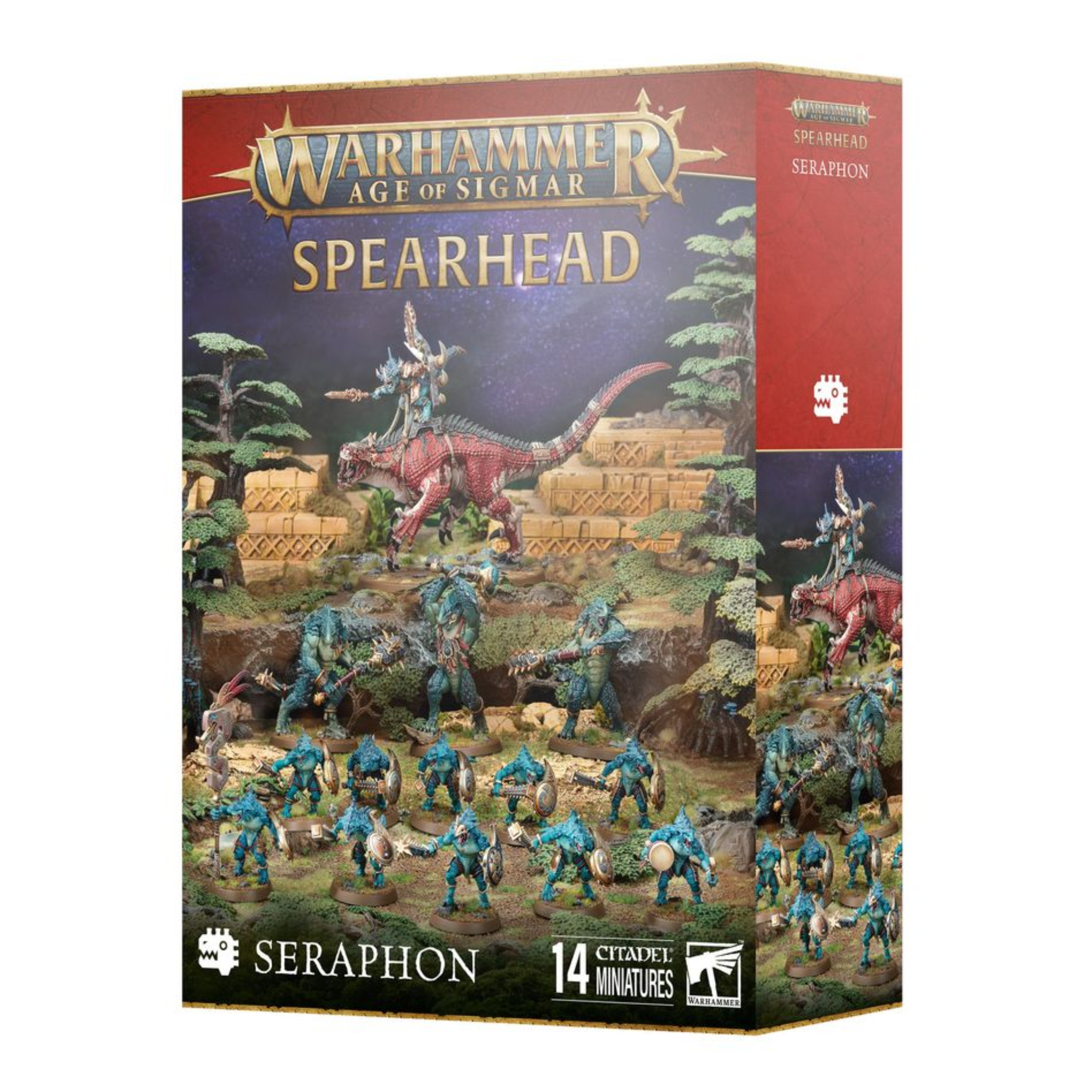 SPEARHEAD SERAPHON WARHAMMER AGE OF SIGMAR Spearhead seraphon warhammer age of sigmar. Los reptilianos serafones se esfuerzan incansablemente por hacer avanzar el gran plan de los ancestrales, devolviendo el verdadero orden y equilibrio a los reinos deformados por los dioses oscuros. Sus ejércitos ven a saurios de sangre fría y feroces bestias escamosas luchar juntos como una única fuerza potente: una fusión de violencia depredadora y poder cósmico esotérico que pocos pueden resistir. Si quieres ejercer un poder antiguo y de sangre fría para limpiar la mancha del caos de los reinos mortales, esta caja es la forma perfecta de comenzar un nuevo ejército de serafones (o ampliar una colección ya existente) y ahorra más que si las compras por separado. Contiene una equilibrada selección de unidades que te permitirá desplegar un ejército de reptilianos serafones en el tablero de juego con solo estas miniaturas. Esta caja incluye las siguientes miniaturas multicomponente de plástico: 1 saurio viejaestirpe en carnosaurio y 1 saurio viejaestirpe a pie, que también se puede montar como un saurio veterano en carnosaurio, o un oráculo eslizón en troglodón con un saurio viejaestirpe a pie. 3 kroxigores, que alternativamente se pueden montar como kroxigores prole de guerra. 10 guerreros saurios. Todas las miniaturas se suministran con sus peanas correspondientes. Estas miniaturas requieren montaje y pintado; recomendamos utilizar pegamento para plástico citadel y pinturas citadel colour.