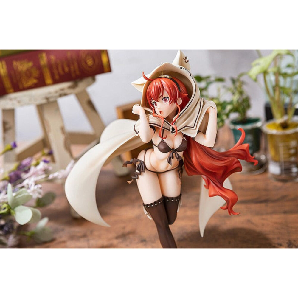 Eris boreas greyrat swimsuit mushoku tensei: jobless reincarnation estatua 1/7.  en mushoku tensei: jobless reincarnation, eris boreas greyrat es una joven noble fogosa con un temperamento explosivo. Como heredera de una familia prestigiosa, creció rodeada de privilegios, pero también de una disciplina estricta, hasta que su camino cambió drásticamente tras conocer a rudeus. Personaje clave de la historia, evoluciona de ser una niña malcriada y de mal genio a convertirse en una joven decidida y más madura. Su trayectoria refleja tanto su fuerte voluntad como su sensibilidad oculta bajo una apariencia dura. Su complicada relación con rudeus y su implacable entrenamiento ponen de relieve su deseo de hacerse más fuerte. La figura la representa con un bañador oscuro de dos piezas con sutiles detalles de lazos y un short a juego. Lleva una gran capa blanca con capucha y orejas estilizadas de gato, que contrastan maravillosamente con su largo cabello rojo ondulado. Sus medias negras hasta los muslos resaltan la elegancia de su silueta. La pose dinámica y la expresión de sorpresa capturan a la perfección su energía y espontaneidad. Fabricada en pvc a escala 1/7, esta figura mide unos 25 centímetros de altura y descansa sobre una base con temática playera con arena esculpida, conchas marinas y detalles de suaves olas. El contraste de texturas entre la tela de la capa, su detallado cabello y el brillante bañador realza el realismo de la pieza.