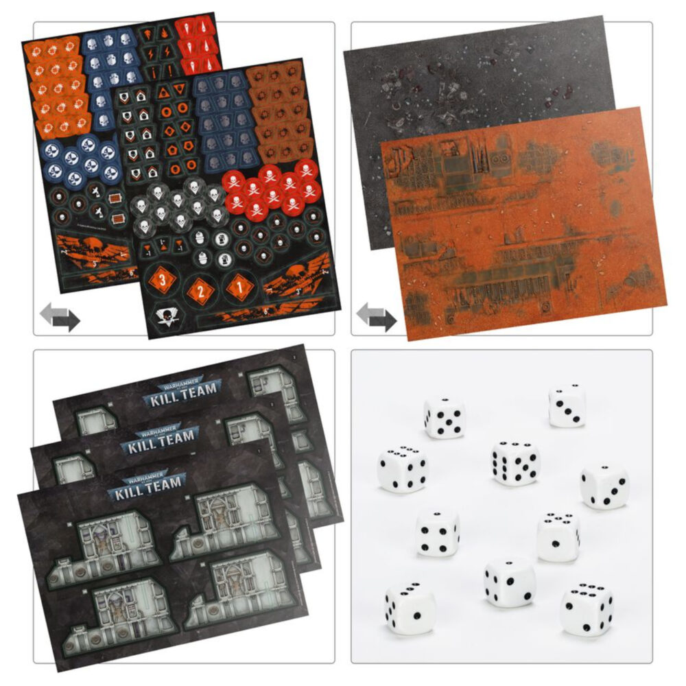 Kill team: caja de inicio (español). En el despiadado universo del lejano futuro, los proyectiles explosivos silban en el aire, las espadas sierra se revolucionan ávidas de sangre y los pies blindados golpean contra un suelo accidentado. Aquí y ahora, la batalla depende de la temeridad de un simple puñado de guerreros. ¿tienes lo que se necesita para comandarlos y llevarlos a la victoria? Kill team es un juego de mesa lleno de acción con intensas escaramuzas ambientadas en el 41. º milenio, el telón de fondo de warhammer 40,000. Esta caja de inicio contiene todo lo que dos jugadores necesitan para dar sus primeros pasos en kill team. Contiene dos comandos completos: los sobrehumanos marines espaciales de los ángeles de la muerte y sus corruptos homólogos, los infectos marines de plaga de la guardia de la muerte. Además, contiene todas las demás herramientas y accesorios que necesitas y una serie de escenarios introductorios para que te familiarices con los conceptos básicos de las batallas tácticas ultrarrápidas. También trae tres láminas de terreno fabricadas en madera fdm con ilustraciones impresas: solo hay que encajarlas, sin necesidad de pegamento ni pintura, y se desmontan de nuevo fácilmente para guardarlas. Toda la caja se ha diseñado para montarse y estar lista para jugar en tan solo 30 minutos.