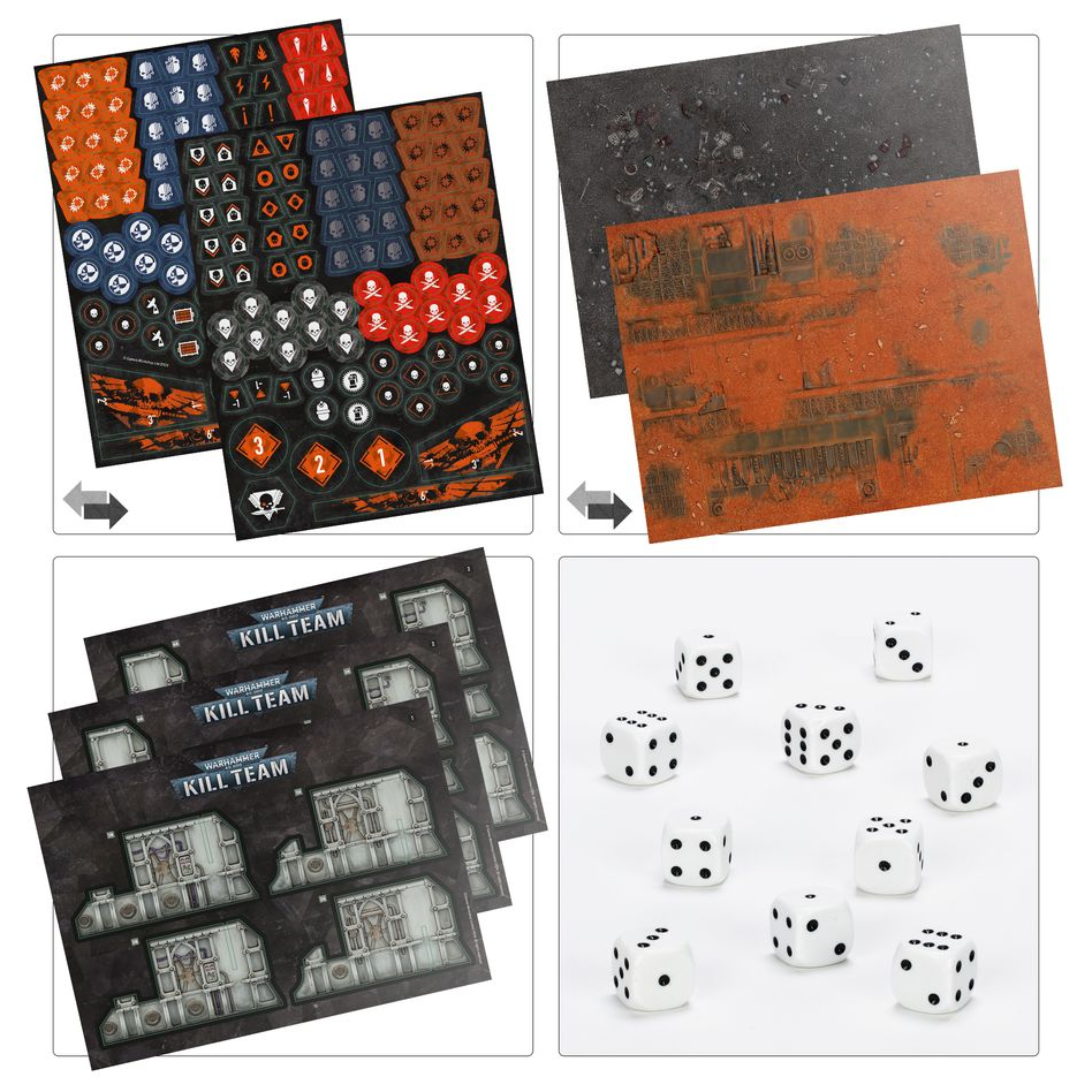 KILL TEAM: CAJA DE INICIO (ESPAÑOL) Kill team: caja de inicio (español). En el despiadado universo del lejano futuro, los proyectiles explosivos silban en el aire, las espadas sierra se revolucionan ávidas de sangre y los pies blindados golpean contra un suelo accidentado. Aquí y ahora, la batalla depende de la temeridad de un simple puñado de guerreros. ¿tienes lo que se necesita para comandarlos y llevarlos a la victoria? Kill team es un juego de mesa lleno de acción con intensas escaramuzas ambientadas en el 41. º milenio, el telón de fondo de warhammer 40,000. Esta caja de inicio contiene todo lo que dos jugadores necesitan para dar sus primeros pasos en kill team. Contiene dos comandos completos: los sobrehumanos marines espaciales de los ángeles de la muerte y sus corruptos homólogos, los infectos marines de plaga de la guardia de la muerte. Además, contiene todas las demás herramientas y accesorios que necesitas y una serie de escenarios introductorios para que te familiarices con los conceptos básicos de las batallas tácticas ultrarrápidas. También trae tres láminas de terreno fabricadas en madera fdm con ilustraciones impresas: solo hay que encajarlas, sin necesidad de pegamento ni pintura, y se desmontan de nuevo fácilmente para guardarlas. Toda la caja se ha diseñado para montarse y estar lista para jugar en tan solo 30 minutos.