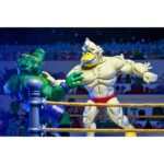 STUMP WRESTLING ACE DUCK TEENAGE MUTANT NINJA TURTLES ARCHIE COMICS. Ace Duck, personaje secundario de culto del universo Tortugas Ninja, reaparece aquí en su versión Stump Wrestling, inspirada en los famosos combates intergalácticos del multiverso TMNT. Este carismático luchador antropomórfico adopta aquí el aspecto de un guerrero samurái, listo para luchar en la arena con estilo y poderío. La figura representa a Ace Duck con un atuendo inspirado en el Japón feudal, con un kimono azul y negro, un cinturón rojo atado a la cintura y una espada enfundada. Su complexión robusta está perfectamente representada, con brazos musculosos, patas palmeadas y un feroz rostro de pato con colmillos visibles. Todo ello se acentúa con una capa de tela marrón y una variedad de accesorios evocadores. El conjunto incluye varias manos intercambiables, una antorcha esculpida, un escudo redondo y una gran capa flexible para variar las poses. Los detalles están cuidados al máximo: nervaduras en las alas, texturas del kimono, funda realista. La articulación fluida permite colocarlo en poses de combate o de parada. Con sus 18 cm, esta figura de NECA combina un guiño retro con una ejecución moderna. Una pieza ideal para los coleccionistas de la gama TMNT que quieran enriquecer su exposición con variantes originales y cuidadas.