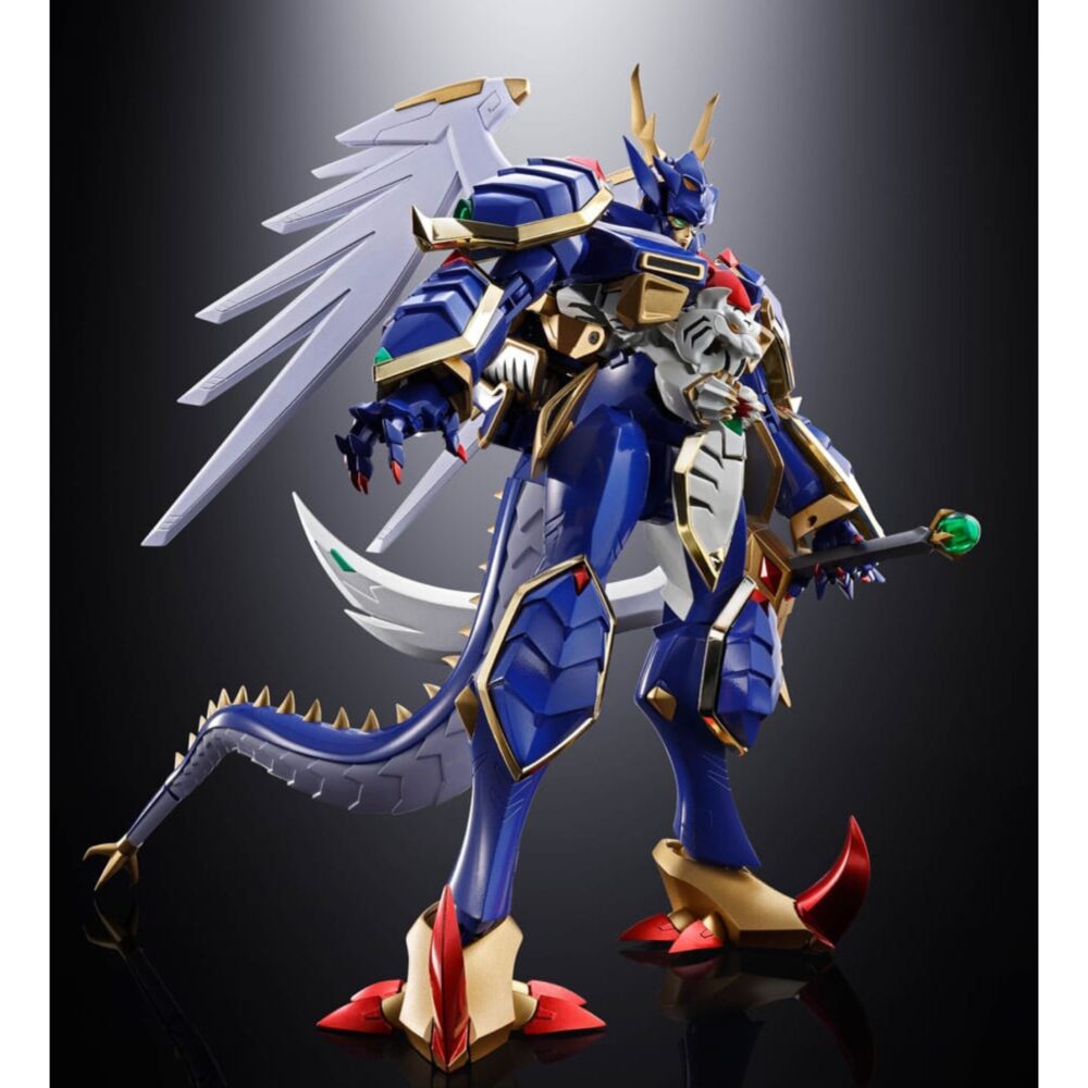 Gx-119 dragon tiger king / tiger dragon king super robot wars og soul of chogokin.  ryuko-o y koryu-o, procedentes del universo super robot wars: original generations, son dos mechas legendarios que destacan por su potencia bruta y su imponente estilo. Figuras emblemáticas de la franquicia, encarnan la dualidad entre la fuerza salvaje y el dominio marcial en un mundo donde reinan los combates entre robots gigantes. La figura gx-119 reúne a estos dos titanes mecánicos en una versión transformable de aspecto majestuoso. Ryuko-o, esbelto, tiene alas y una postura erguida que evoca a una criatura celestial. Koryu-o, más robusto, presenta formas compactas y una musculatura mecánica realzada por sus enormes garras. Juntos, ilustran la complementariedad de dos fuerzas distintas. El nivel de detalle es notable: armaduras metálicas brillantes en azul, blanco y dorado, expresiones feroces, armas imponentes (cetro con orbe verde, espada curva, garras macizas) y elementos móviles como las alas, la cola o los cuernos. Cada pieza está finamente esculpida, con acabados metálicos que acentúan su poderosa presencia. Con una altura de unos 20 cm, esta figura de metal pertenece a la colección soul of chogokin de tamashii nations. El set permite recrear las dos formas con transformación, articulación avanzada y acabado de primera calidad. Una pieza imprescindible para los fans de los mechas tácticos y los robots legendarios.