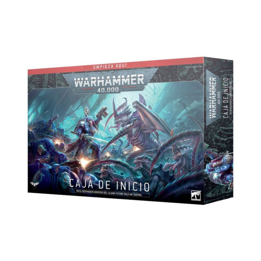 WARHAMMER 40,000: CAJA DE INICIO (ESPAÑOL). En el despiadado universo del lejano futuro solo hay guerra. En los dispersos mundos del Imperium de la Humanidad, en la galaxia asediada por tormentas disformes y conflicto sin fin, los ejércitos de la humanidad luchan por sobrevivir. El Imperium está al borde de la aniquilación tras la aparición de las flotas colmena Tiránidas procedentes del frío vacío interestelar. Los Marines Espaciales son la última línea de defensa entre esta voraz amenaza alienígena y los atribulados mundos del reino imperial. Sumérgete en el 41.º Milenio con la Caja de inicio definitiva de Warhammer 40,000, la cual te trae una experiencia introductoria completa con un montón de miniaturas, un campo de batalla sobre el que luchar, manuales de instrucciones y todos los dados que necesitas para jugar tus primeras partidas. Elige entre los superhumanos Marines Espaciales o los enjambres Tiránidos, pásale la vara de mando del otro ejército a un colega o familiar y combate durante horas de apasionante entretenimiento. No hay mejor manera de dar tus primeros pasos en el fascinante mundo de Warhammer 40,000. Esta caja es además también ideal para expandir tus colecciones ya existentes.