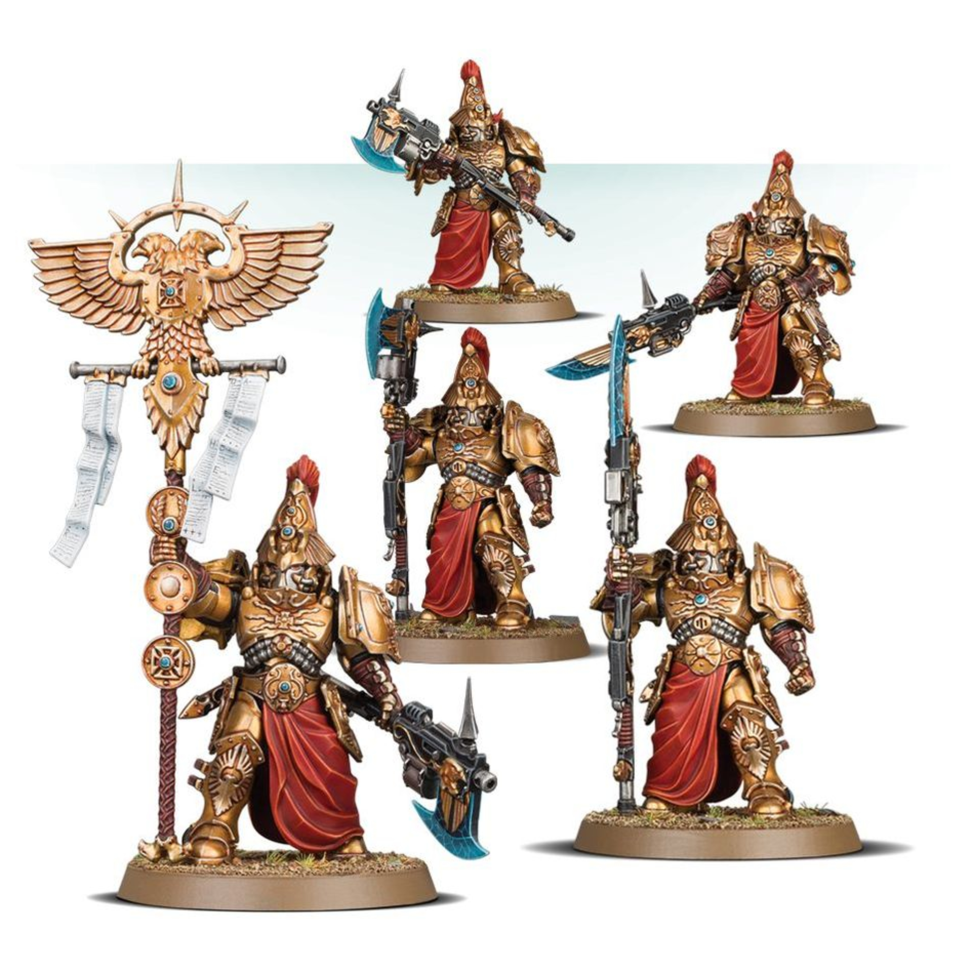 CUSTODIAN WARDENS WARHAMMER 40,000 Custodian wardens warhammer 40,000. Los adeptus custodes son una fuerza gloriosa y muy admirada. En los primeros días del imperium marcharon a la guerra junto al propio emperador, presentando un espectáculo digno de la majestad del maestro de la humanidad. Al igual que sus armas y armaduras siempre se han fabricado para reflejar su gloria marcial, también es así con los orgullosos estandartes conocidos como vexillas, que algunos de los custodians más veteranos llevan a la guerra. Pocas compañías escudo marchan a la guerra sin vexillas ondeando sobre ellas. Este kit de plástico multicomponente contiene las piezas necesarias para montar un vexilus praetor de los custodian wardens. Va ataviado con una espectacular servoarmadura de auramita de excelente manufactura, cubierta de simbología del emperador esculpida, águilas imperiales, relámpagos, gemas y filigranas. Va armado con un hacha de castellano o una lanza de guardián, pero lo que más destaca es su enorme vexilla ornamentado. Este tiene casi el doble de la altura del propio praetor (sin contar el penacho del casco), y es sin duda una visión inspiradora, mostrando una gran águila bicéfala con gemas, púas y cuerdas con pesadas borlas. Además del vexilus praetor, este kit permite montar a 4 custodian wardens, o 3 custodian wardens y un shield-captain. Los custodian wardens también pueden armarse con hacha de castellano o lanza de guardián. El shield-captain tienen sus propias hombreras, placas de los muslos, penacho y daga misericordia, además de las opciones normales de armamento.