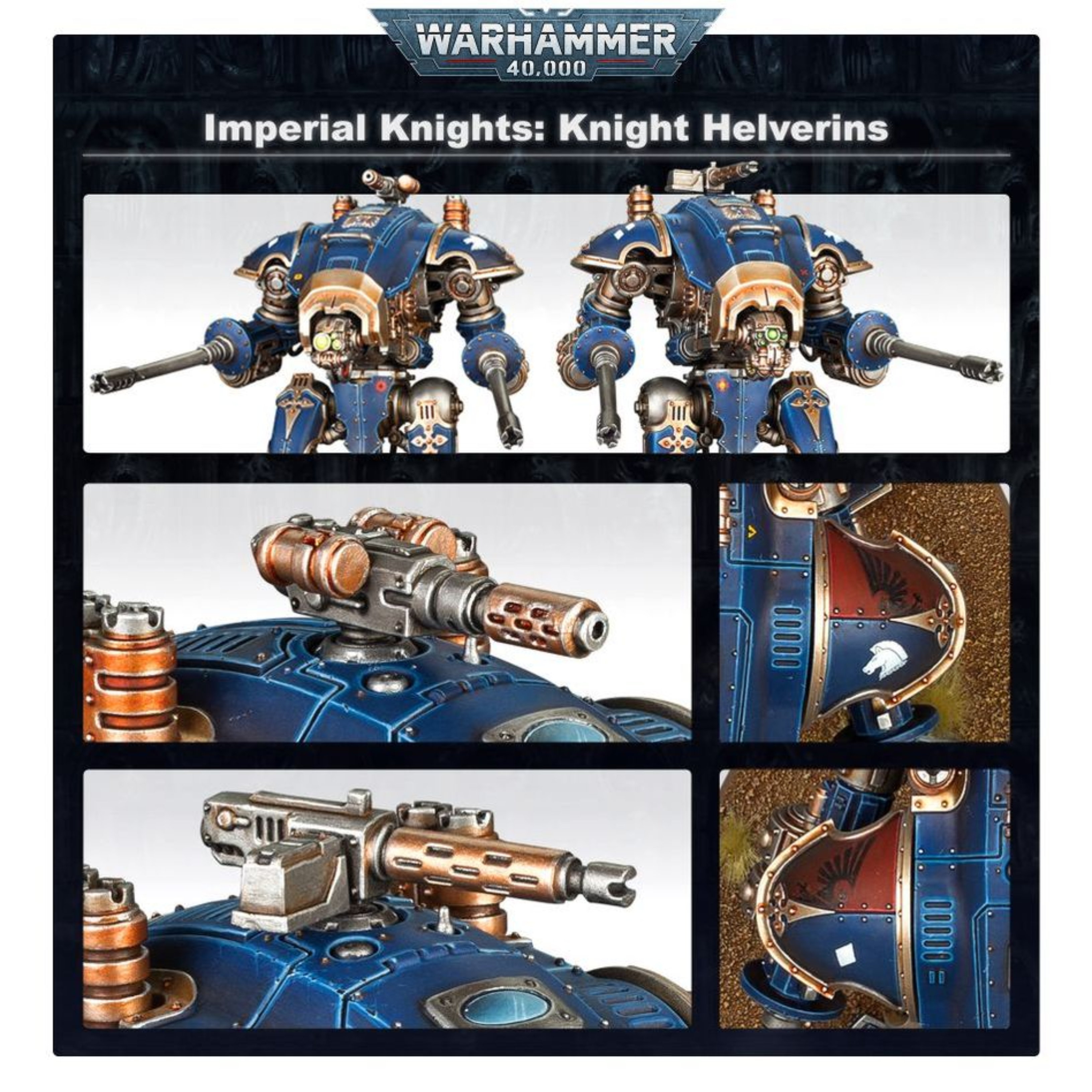 INMORTALS KNIGHTS: KNIGHTS ARMIGERS WARHAMMER 40,000 Inmortals knights: knights armigers warhammer 40,000. Los helverines armiger son veloces caballeros que lanzan ráfagas de fuego pesado desde posiciones de flanqueo y puestos de vanguardia o mientras avanzan en emboscada. Entre sus funciones estratégicas clave se encuentran el fuego a discrección, de reconocimiento y de cobertura, usando sus cañones automáticos para disparar cientos de proyectiles por minuto. Una manada de estos ingenios de guerra es capaz de echar por tierra un asalto enemigo en cuestión de segundos. Con este kit multicomponente de plástico puedes montar dos helverines armiger (o dos espadas de guerra armiger), bípodes veloces para incluirlos en tus ejércitos de caballeros imperiales de warhammer 40,000 o desplegarlos como desarraigados en tus ejércitos de marines espaciales, astra militarum, adepta sororitas, adeptus custodes, adeptus mechanicus o agentes imperiales. También puedes montarlos como perros de la guerra cazadores o perros de la guerra verdugos para incluirlos en tus ejércitos de caballeros del caos o desplegarlos como descastados en tus ejércitos de marines espaciales del caos, guardia de la muerte, hijos del emperador, mil hijos o devoradores de mundos. Los helverines armiger son veloces plataformas de armas capaces de encontrar la posición perfecta desde la que arrojar salvas devastadoras sobre el campo de batalla con sus cañones automáticos.