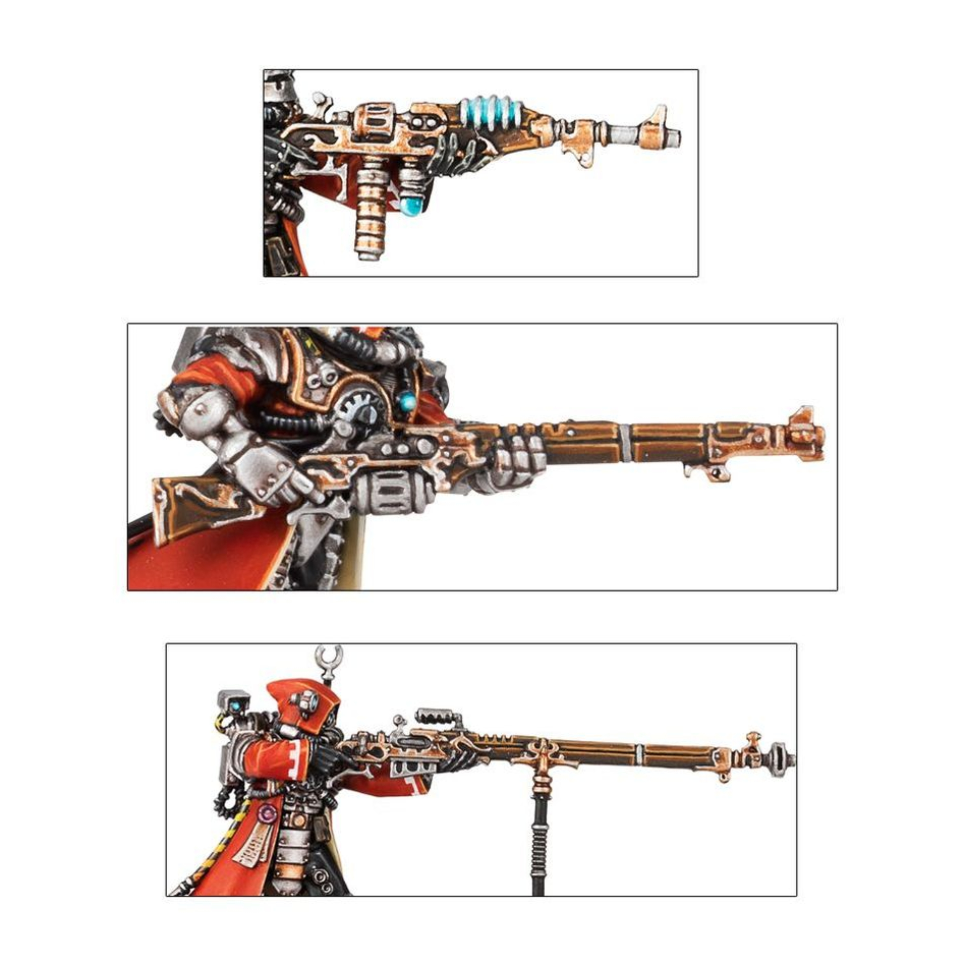 ADEPTUS MECHANICUS SKITARII WARHAMMER 40,000 Adeptus mechanicus skitarii warhammer 40,000. Los rangers de los skitarii reúnen ls energías de los mundos forja en su armamento y son cazadores implacables. Para ellos, el enfrentamiento no ha acabado hasta que su enemigo ha sido destruido; incluso si eso implica rastrearle a través de las galaxias durante décadas. Los skitarii rangers acechan a su presa con rifles galvánicos y lucen sus máscaras de gas y capuchas. Cada uno de ello está cubierto por una armadura skitarii sellada, blasonada con el símbolo del adeptus mechanicus y llena de sensores recolectores de datos, antenas y monitores ambientales. Conscients del duro terreno de marte, sus piernas se han amputado de rodillas hacia abajo y se han sustituido con reemplazos biónicos de mejora cibernética. La unidad puede incluir un alpha, armado con una pistola voltáica o radium y un arma de cuerpo a cuerpo (que puede ser una espada de energía una vara taser o una maza voltáica) y tres miniaturas pueden usar armas especiales. Tienes disponible un arcabuz transuránico, un rifle voltaico, y un caliver de plasma. Este último incluye una cabeza y mochila específica. Una miniatura se puede convertir en alpha y usar una cadena de datos mejorada o un omnispex, la caja muestra realmente la naturaleza obsesiva a la hora de recoger datos del adeptus mechanicus. Esta caja de plástico multicomponente contiene todo lo que necesitas para montar diez skitarii rangers o diez skitarii vanguard. En la caja se incluyen 124 componentes: veintitrés cabezas, doce de las cuales son variantes de yelmo/respirador vanguard, veinticinco armas, una hoja de calcomanías, una peana ovalada de 60x35. 5mm y diez peanas redondas de 25mm. Las miniaturas se proporcionan sin montar ni pintar. Recomendamos usar pegamento para plástico citadel y pinturas citadel colour.
