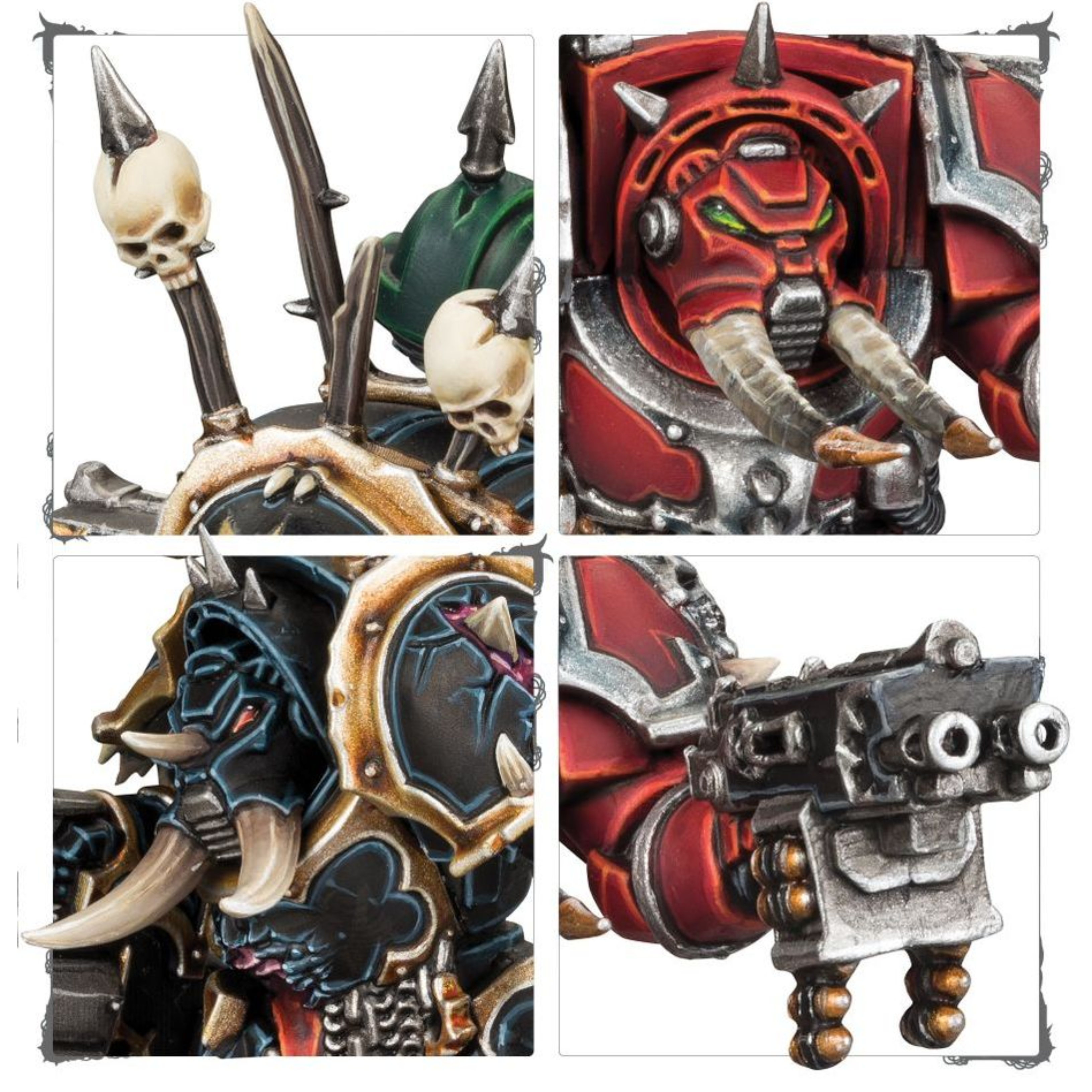CHAOS SPACE MARINES CHAOS TERMINATOR SQUAD WARHAMMER 40,000 Chaos space marines chaos terminator squad warhammer 40,000. Los exterminadores del caos son moles asesinas, tanques andantes enfundados en enormes armaduras corruptas. Sus pinchos y cuernos les confieren un aspecto monstruoso, y su devastador arsenal de fuego pesado y armas de combate les permite hacer trizas a las escuadras de élite y los ingenios de guerra del enemigo. Con este kit multicomponente de plástico puedes montar cinco exterminadores del caos para reforzar tus ejércitos de marines espaciales del caos, devoradores de mundos o hijos del emperador en partidas de warhammer 40,000. Estos veteranos fuertemente blindados se abren paso entre fútiles andanadas de fuego enemigo para abatir a sus impotentes víctimas con un selecto arsenal de armamento brutal. Cada uno de estos corpulentos guerreros está equipado con un combibólter y un arma maldita. Además, el kit incluye cinco combiarmas, tres puños de energía, un lanzallamas pesado, un cañón automático segador, un puño sierra para perforar blindajes y la opción de portar armas malditas emparejadas. También trae cabezas, hombreras y picas con trofeos intercambiables para que personalices fácilmente a tus guerreros de élite. El kit contiene 82 piezas de plástico, 5 peanas redondas citadel de 40 mm y una hoja con 364 calcomanías al agua de gran calidad para marines espaciales del caos con las que decorar tus miniaturas. Las miniaturas se proporcionan sin montar ni pintar. Recomendamos usar pegamento para plástico citadel y pinturas citadel colour.
