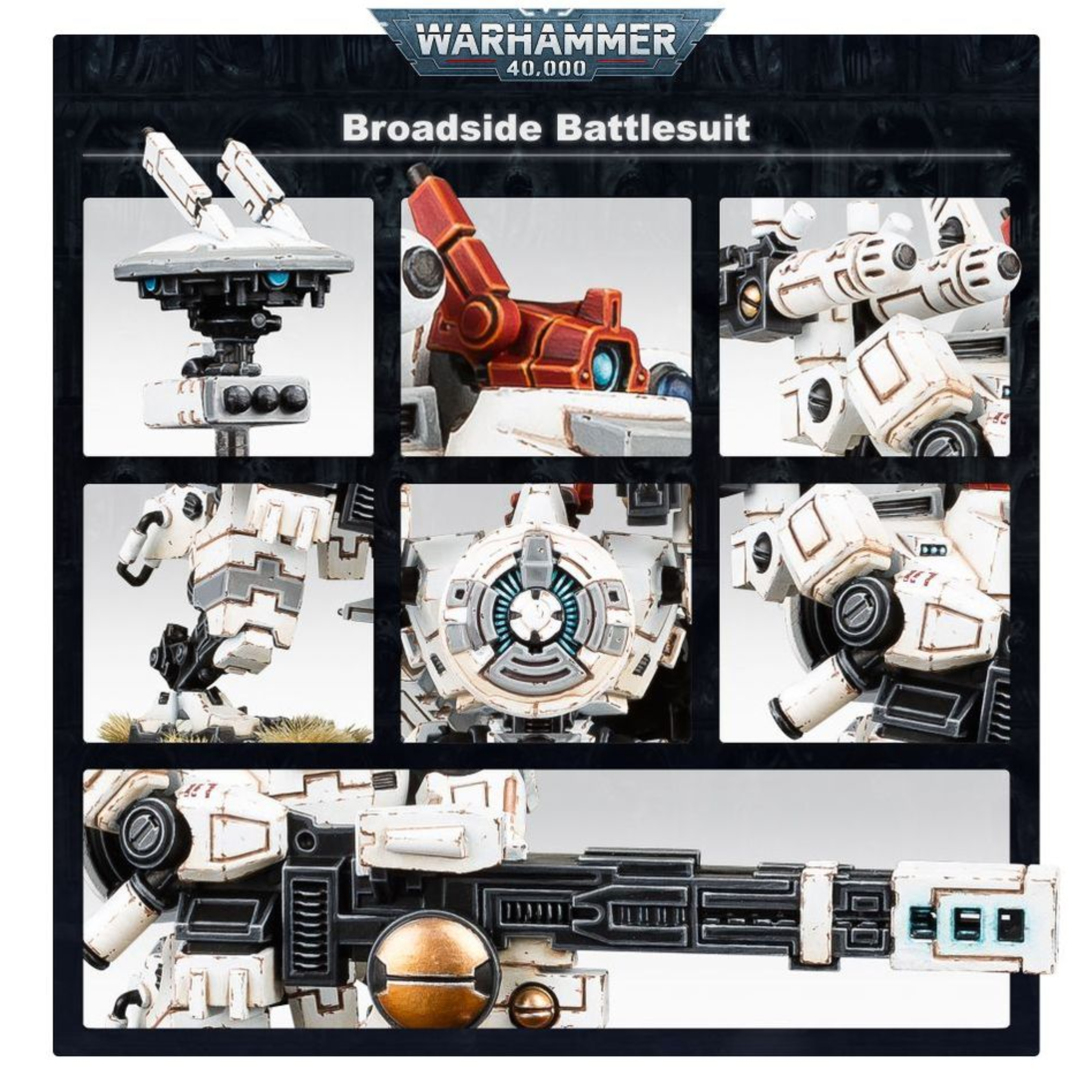 T’AU EMPIRE XV88 BROADSIDE BATTLESUIT WARHAMMER 40,000 T’au empire xv88 broadside battlesuit warhammer 40,000. Diseñada para ofrecer apoyo a larga distancia, la exoarmadura xv88 apocalipsis ha superado las expectativas, convirtiéndose en un pilar de los cuerpos de cazadores y en un arma antitanque de proporciones legendarias. Impulsado por un acelerador de partículas, el pesado disparo del rifle acelerador de una apocalipsis puede penetrar los búnkeres de plastiacero más gruesos. Con un robusto blindaje, maniobrabilidad y un montón de armas dentro de la caja, la exoarmadura xv88 apocalipsis proporciona al aficionado a los t'au una gran cantidad de opciones. El kit le da un toque nuevo a la gama de exoarmaduras t'au: son modelos notablemente más densos con una gran presencia en una colección de miniaturas. Cada una cuenta con un acelerador de partículas en la espalda. El arma estándar es un rifle acelerador acoplado de aspecto realmente potente, aunque pueden equiparse con módulos lanzamisiles de alto rendimiento y una potencia asombrosa. Por si fuera poco, también se puede usar el misil inteligente acoplado, suficiente para complacer a cualquier entendido en armas t'au. El kit incluye un dron de defensa y un dron artillero. Este kit multicomponente de plástico contiene 91 componentes y una hoja de calcomanías t'au, con los que podrás montar una exoarmadura apocalipsis y dos drones. Este kit se vende sin pintar y sin montar; recomendamos usar pegamento para plástico citadel y pinturas citadel colour.