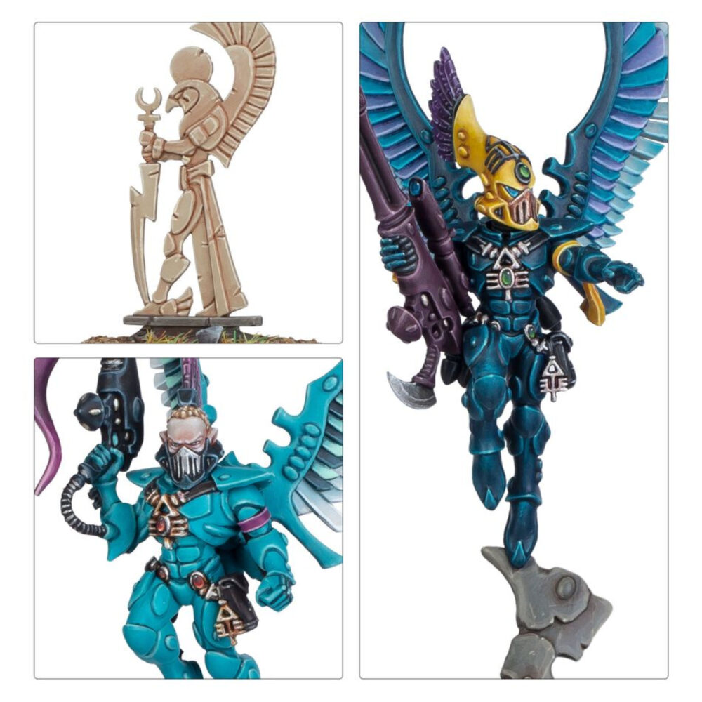 AELDARI SWOOPING HAWKS WARHAMMER 40,000. Los Halcones Cazadores son guerreros alados que representan el lado vengativo de Khaine, el dios de la guerra. Son maestros de la guerra de hostigamiento, perfectos para desbaratar contraataques enemigos o eliminar formaciones vulnerables. Con este kit multicomponente de plástico puedes montar cinco miniaturas de Halcones Cazadores, unos guerreros aéreos sumamente ágiles para usar en ejércitos Aeldari en partidas de Warhammer 40,000. Lánzate en picado y elimina unidades enemigas vulnerables con estos guerreros alados de élite. Un miembro de la escuadra puede montarse como un Exarca de los Halcones Cazadores con una de las siguientes opciones de armas: una pistola solar y una espada de energía, una garra de halcón, un láser de asalto de Exarca o un láser multitubo. Hay varias opciones de cabeza para los Halcones Cazadores, con y sin casco, para personalizar aún más tu escuadra. El kit también contiene una ficha de Santuario de Senda de los Halcones Cazadores. El kit contiene 81 piezas de plástico, 5 peanas redondas Citadel de 32 mm y 1 peana redonda Citadel de 25 mm. Este set también incluye una hoja con 378 calcomanías al agua de los Aeldari para personalizar tus miniaturas. Las miniaturas se proporcionan sin montar ni pintar. Recomendamos usar pegamento para plástico Citadel y pinturas Citadel Colour.