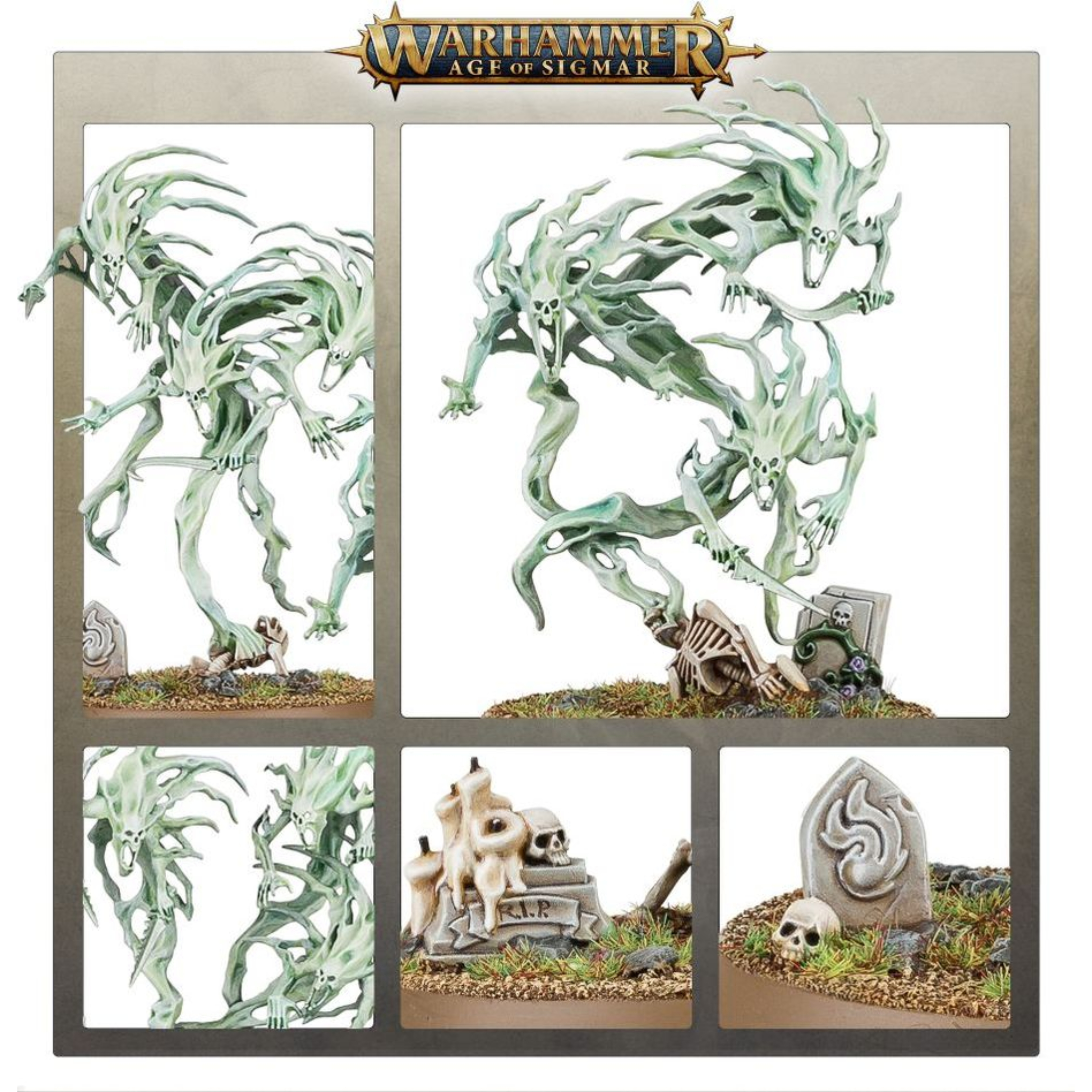 NIGHTHAUNT SPIRIT HOSTS WARHAMMER AGE OF SIGMAR Nighthaunt spirit hosts warhammer age of sigmar.  envenenando el aire sobre las huestes se encuentran sus guerreros más numerosos, las spirit hosts. Se trata de almas de los malditos, arrancadas de su cuerpo e identidad que gritan interminablemente por la vida que han perdido. Este kit de plástico multicomponente permite montar tres spirit hosts. Incluye tres peanas redondas citadel de 50 mm. Estas miniaturas se suministran sin pintar y requieren montaje. Recomendamos usar pegamento para plástico citadel y pinturas citadel colour.