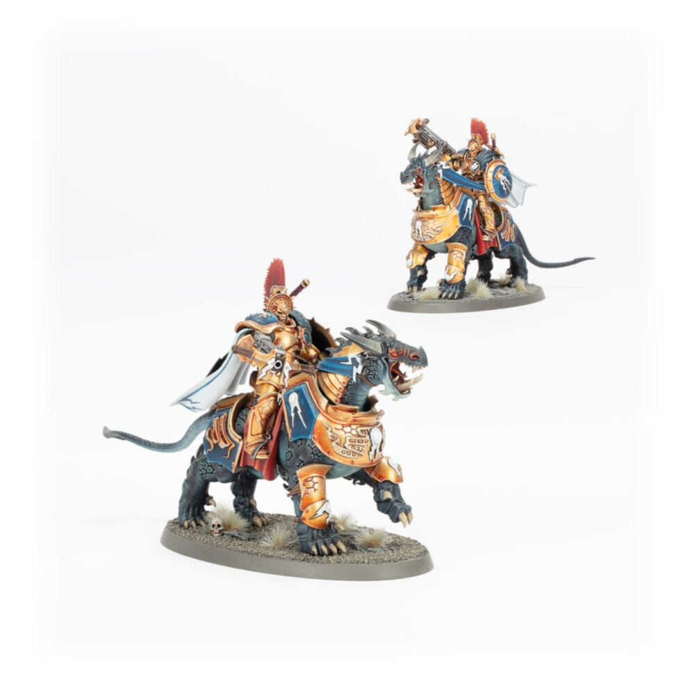 STORMCAST ETERNALS DRACOTHIAN GUARD ZOMBIES WARHAMMER AGE OF SIGMAR. Mientras sus Dracoths cargan escupiendo rayos centelleantes, los Tempestors desatan la furia de sus ballestas tempestad, descargando una salva tras otra de proyectiles como meteoritos ardientes. Los Tempestors pueden centrar sus esfuerzos en abatir a un enemigo especialmente poderoso, o simplemente romper las filas enemigas para abrir paso al resto de la Dracothian Guard. Este kit de plástico multicomponente contiene lo necesario para montar dos Dracothian Guard Tempestors, armados con ballestas tempestad, espada de guerra y escudos de sigmarite cada uno a lomos de un feroz Dracoth. Este kit también te permite montar las siguientes variantes de la Draconthian Guard: Fulminators, armados con espadones azotatormentas y escudos de sigmarite. Concussors, armados con martillos relámpago y escudos de sigmarite. Desolators, armados con hachas de trueno y escudos de sigmarite. Un Dracothian Guard puede montarse opcionalmente como Lord-Celestant en Dracoth armado con una selección de armas que incluye martillo tempestos, hacha trueno, martillo relámpago, espadón azotatormentas y escudo de sigmarite. Este kit de 80 componentes incluye dos peanas Citadel ovaladas de 90x52 mm Estas miniaturas se suministran sin pintar y requieren montaje. Recomendamos usar pegamento para plástico Citadel y pinturas Citadel Colour.