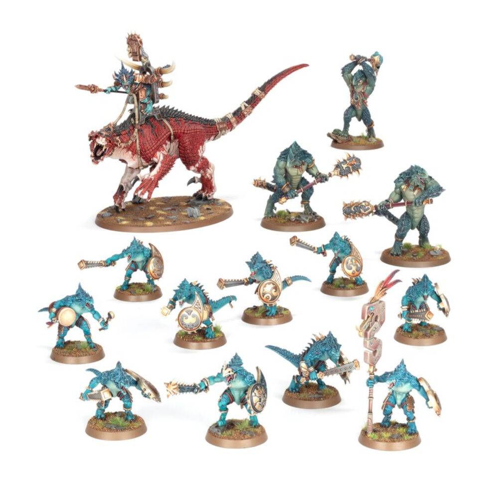 Spearhead seraphon warhammer age of sigmar. Los reptilianos serafones se esfuerzan incansablemente por hacer avanzar el gran plan de los ancestrales, devolviendo el verdadero orden y equilibrio a los reinos deformados por los dioses oscuros. Sus ejércitos ven a saurios de sangre fría y feroces bestias escamosas luchar juntos como una única fuerza potente: una fusión de violencia depredadora y poder cósmico esotérico que pocos pueden resistir. Si quieres ejercer un poder antiguo y de sangre fría para limpiar la mancha del caos de los reinos mortales, esta caja es la forma perfecta de comenzar un nuevo ejército de serafones (o ampliar una colección ya existente) y ahorra más que si las compras por separado. Contiene una equilibrada selección de unidades que te permitirá desplegar un ejército de reptilianos serafones en el tablero de juego con solo estas miniaturas. Esta caja incluye las siguientes miniaturas multicomponente de plástico: 1 saurio viejaestirpe en carnosaurio y 1 saurio viejaestirpe a pie, que también se puede montar como un saurio veterano en carnosaurio, o un oráculo eslizón en troglodón con un saurio viejaestirpe a pie. 3 kroxigores, que alternativamente se pueden montar como kroxigores prole de guerra. 10 guerreros saurios. Todas las miniaturas se suministran con sus peanas correspondientes. Estas miniaturas requieren montaje y pintado; recomendamos utilizar pegamento para plástico citadel y pinturas citadel colour.