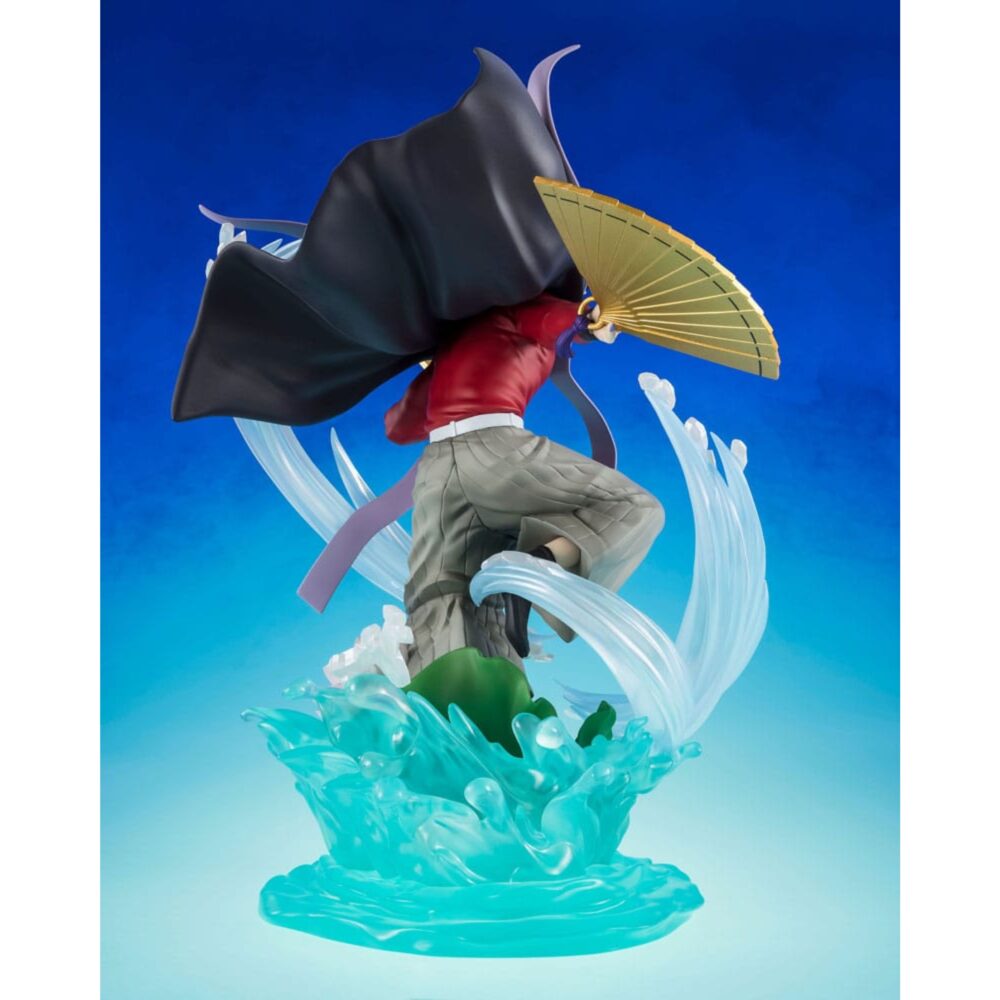 Doma demon slayer: kimetsu no yaiba figuarts zero.  en el brutal y místico universo de demon slayer: kimetsu no yaiba, dôma destaca como una de las doce lunas demoníacas más aterradoras, combinando elegancia, crueldad y fanatismo. Esta figura figuartszero inmortaliza al demonio de rango superior dos en una escena dinámica y escalofriante, fiel a su inquietante personalidad y a sus técnicas visualmente espectaculares. En plena invocación de sus técnicas de hielo, dôma adopta una postura aérea y amenazante, con los brazos extendidos, blandiendo dos abanicos dorados decorados con motivos florales. Viste su icónico traje: una camiseta roja ajustada, mangas largas, pantalones holgados grises y una capa negra con bordes violetas en forma de cinta. Su sombrero triangular negro se mantiene firmemente sobre su cabello rubio, recogido en mechones revoloteantes. La base esculpida representa un efecto de hielo estilizado, que se eleva en remolinos translúcidos alrededor de su cuerpo, acentuado por flores de loto en plena floración. El efecto da la impresión de que dôma baila sobre el agua, listo para lanzar un ataque mortal. El movimiento general de la escena es fluido, casi coreografiado, lo que refleja su naturaleza refinada y letal a la vez. Con una altura de 23 cm, esta figura de pvc impresiona por la delicadeza de sus detalles: texturas de tela, reflejos nacarados en los abanicos, transparencia trabajada en los elementos de hielo. La base es a la vez decorativa y funcional, lo que refuerza el impacto visual de la pose sin afectar a la estabilidad. Una pieza de colección memorable para los fans de la estética siniestra y estilizada de demon slayer.